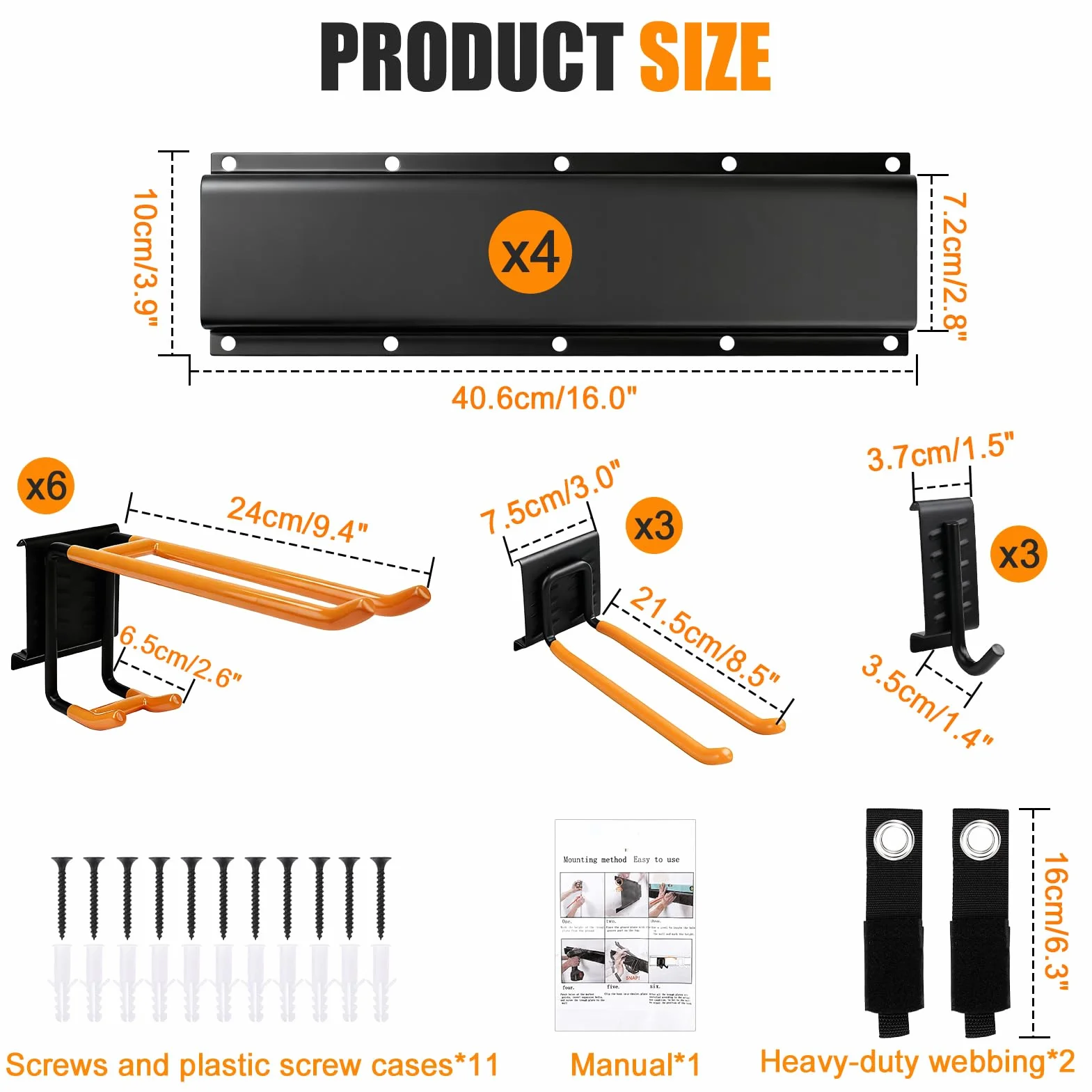 Supporto da Parete Pesante 162.4cm 200kg Portata Max 4 Guide 40.6cm 12 Ganci Antiruggine Organizzatore per Garage Officina