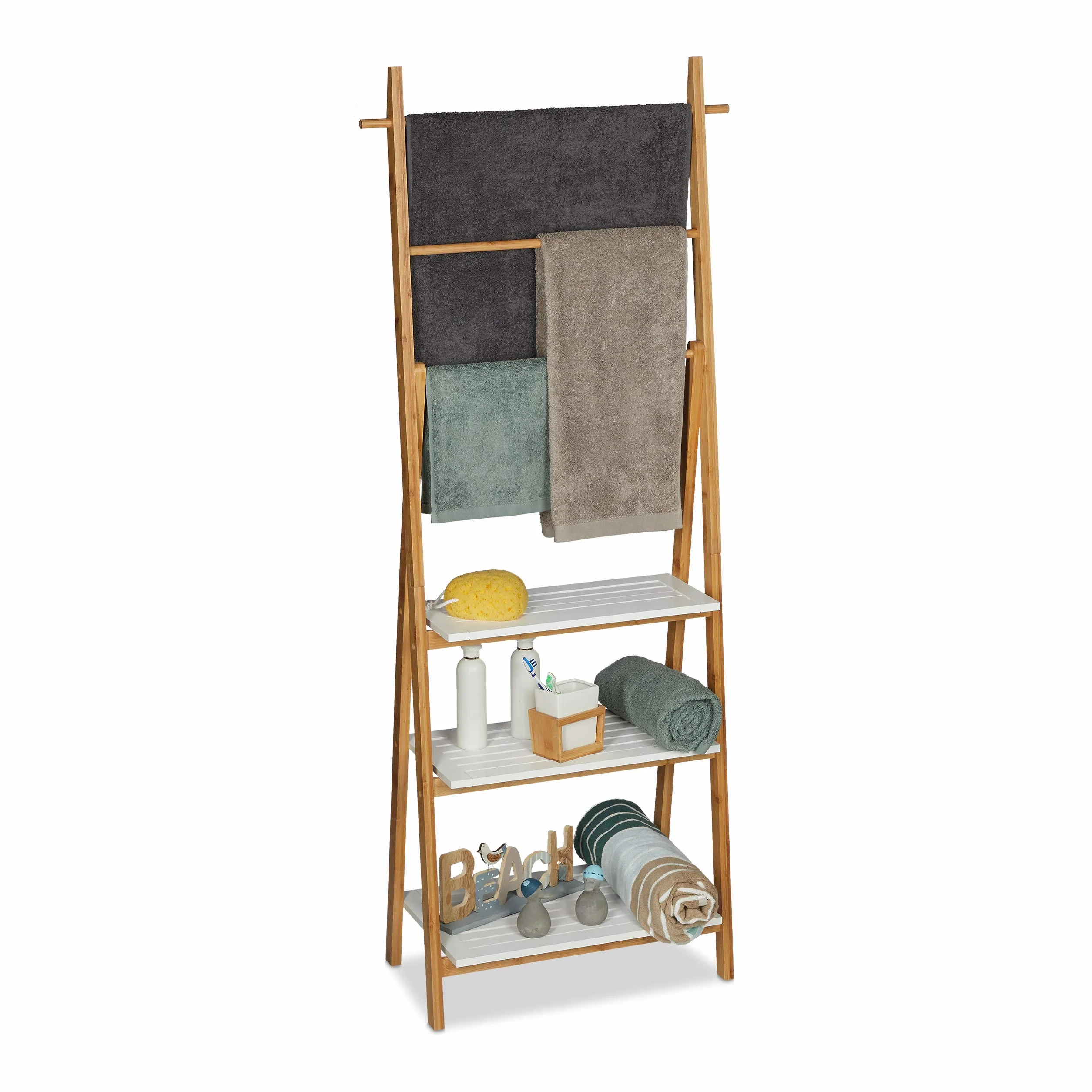 Relaxdays Portasciugamani da Terra, Bambù e MDF, 3 Aste e Ripiani, 150x50x30 cm, Naturale Bianco