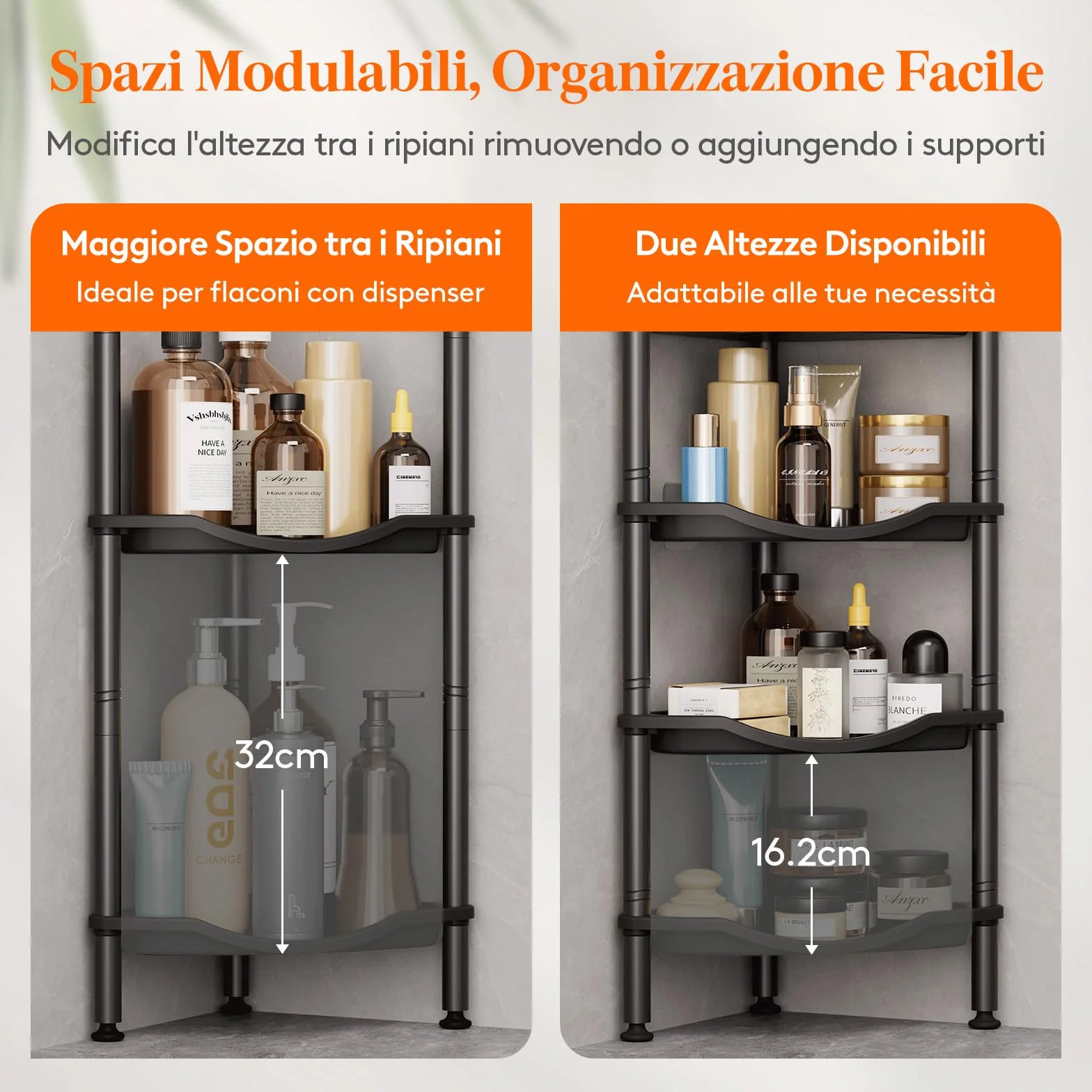 Mensola Doccia a 4 Livelli senza Foratura, Organizzatore Angolo per Bagno in Plastica, Nero 34cm