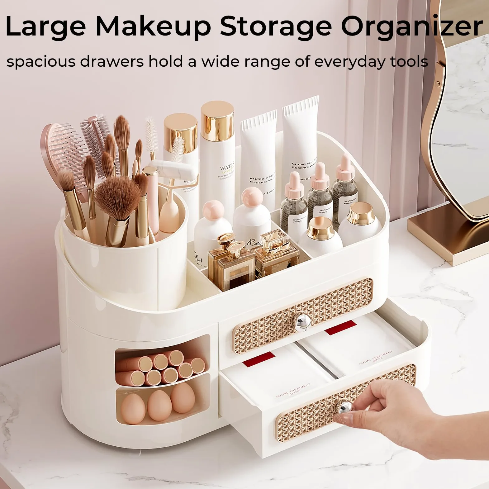 UFORU Organizer per trucchi da toeletta con porta pennelli rotante, organizer per la cura della pelle con 2 cassetti, spaziosa vetrina per profumi, palette di ombretti, smalti per unghie