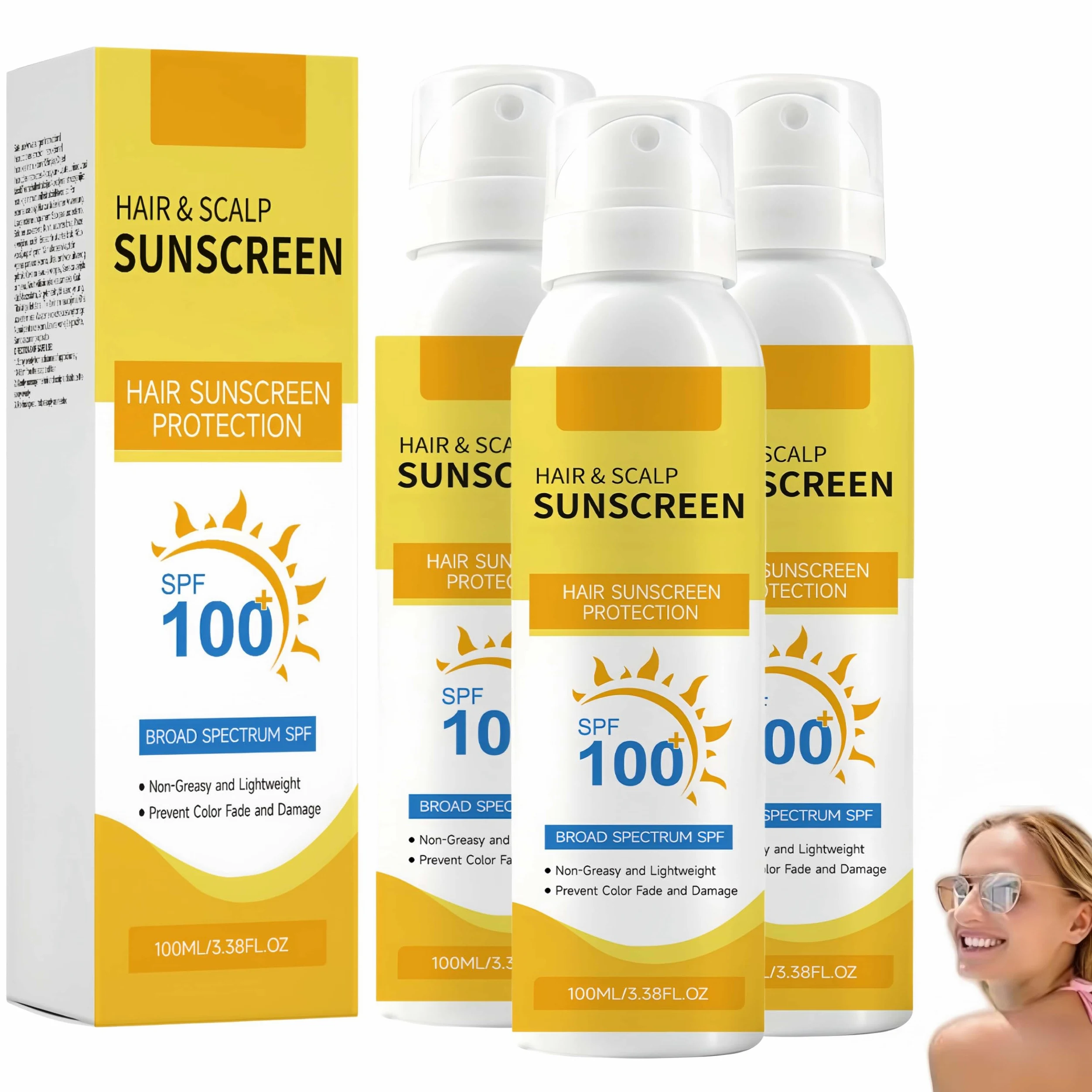 Spray solare SPF 100 per capelli e cuoio capelluto, protezione UV ad ampio spettro; spray leggero e non grasso che previene lo scolorimento dei capelli e i danni del sole, 100 ml (3Pezzo)