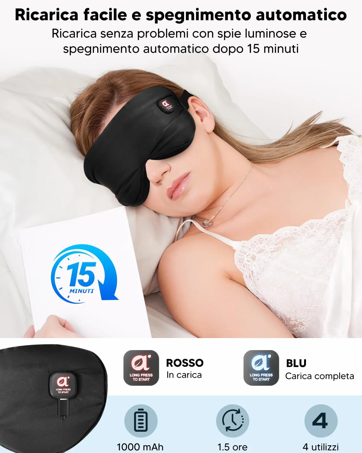 arboleaf Maschera Occhi Riscaldante, 3 Livelli di Maschera Termica per Occhi Secchi e Blefarite, Ricaricabile USB-C con Batteria da 1000mAh, Mascherina per Dormire Oscurante, Lavabile e Portatile