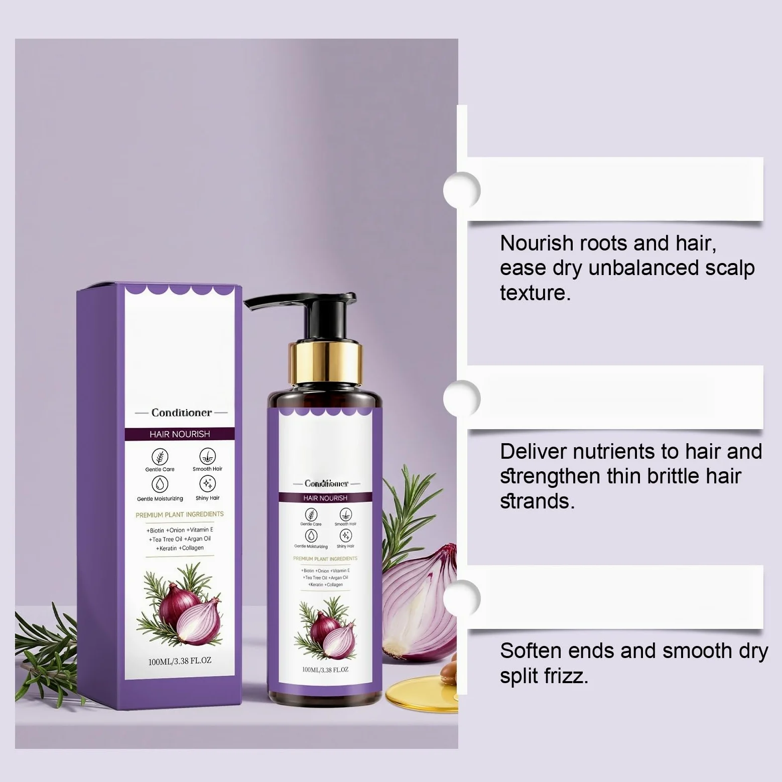 Balsamo per capelli alla cipolla e rosmarino per capelli lisci (3pcs) | Districa nodi ed effetto crespo, delicato per l'uso quotidiano, nutre le ciocche secche, esalta la lucentezza naturale,100 ml