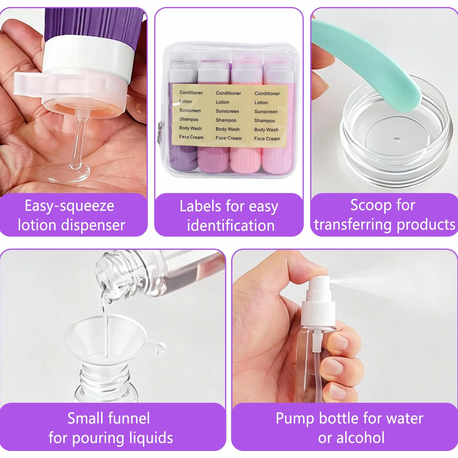 Kit 18 Pezzi Bottiglie da Viaggio in Silicone, Flaconi Riutilizzabili per Shampoo, Lozione e Cosmetici, Etichette Incluse, Perfetto per Liquidi, Creme e Articoli da Bagno