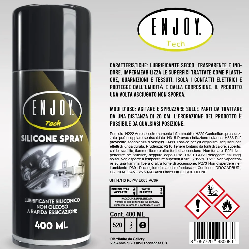 ENJOY TECH Silicone Spray Lubrificante 400 ml Protezione Anticorrosione Impermeabile Made in Italy
