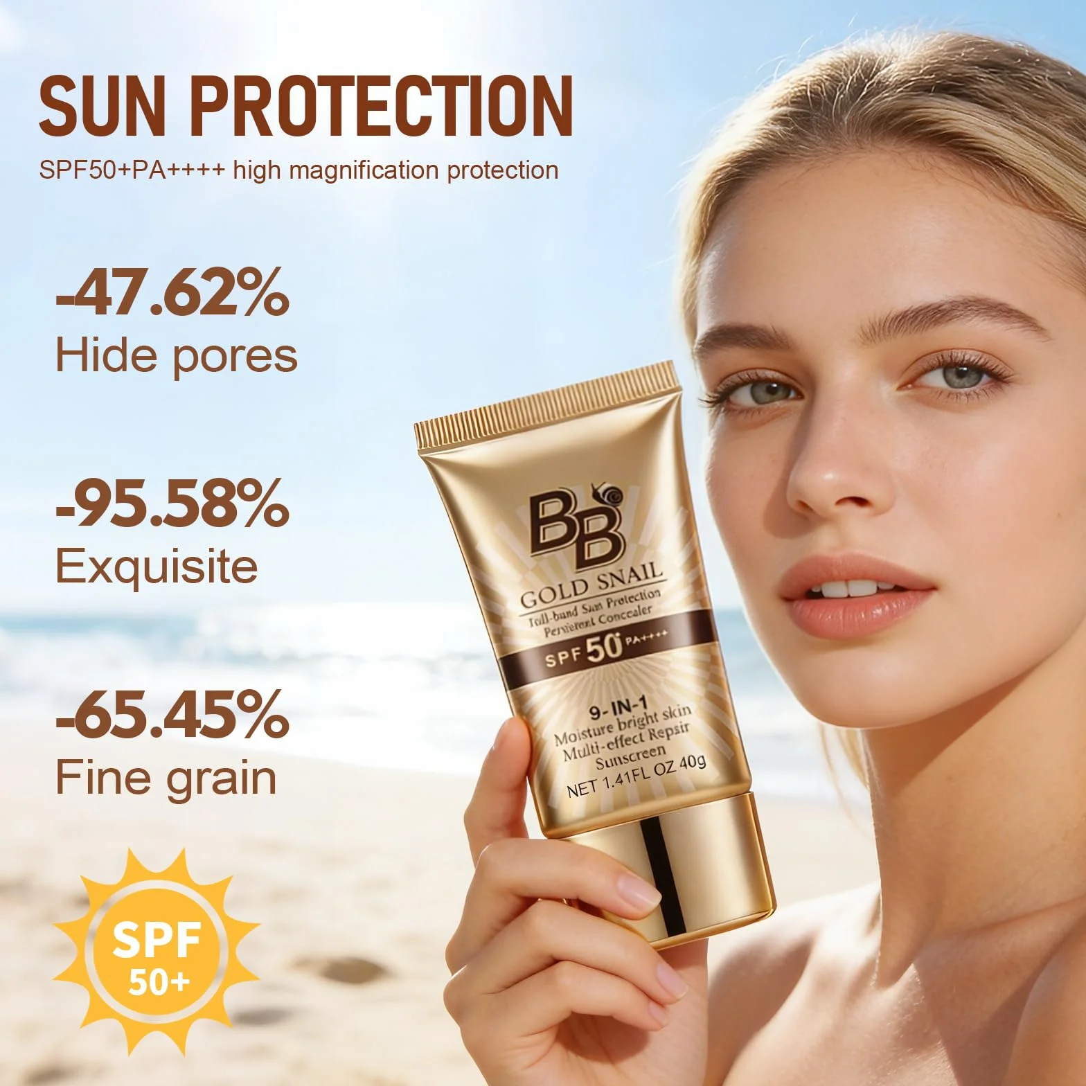 BB Cream Viso SPF 50,Crema Colorata Naturale Con Bava Di Lumaca,Alta Coprenza E Idratazione 24h,Effetto Anti-Lucidità,Fondotinta Compatto Con Protezione Solare,40g,01# Naturale