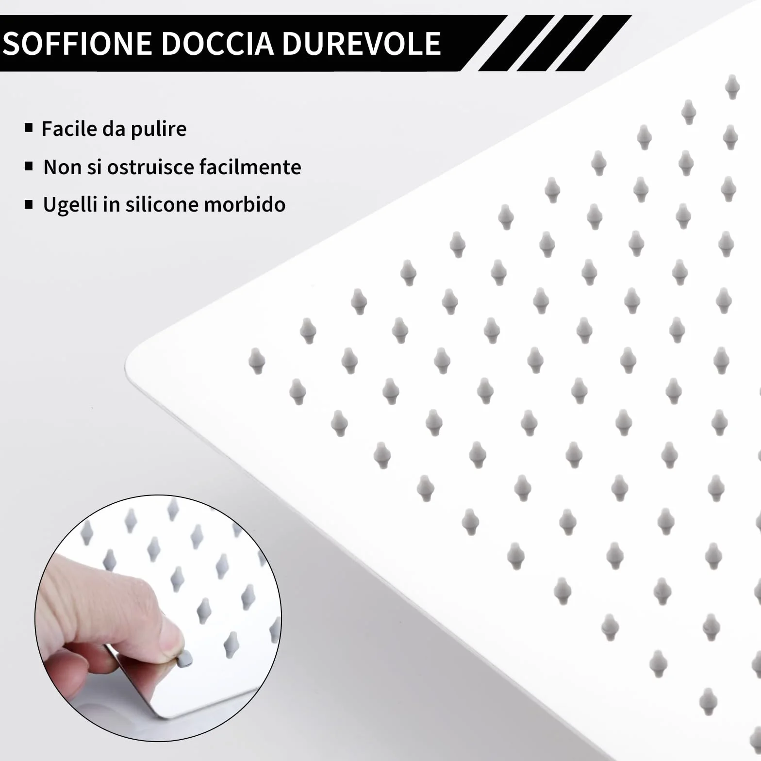 Soffione Doccia Fisso Quadrato 30x30 cm 304 Acciaio Inox Pioggia 144 Ugelli Silicone Anticalcare Regolabile 360° Cromo
