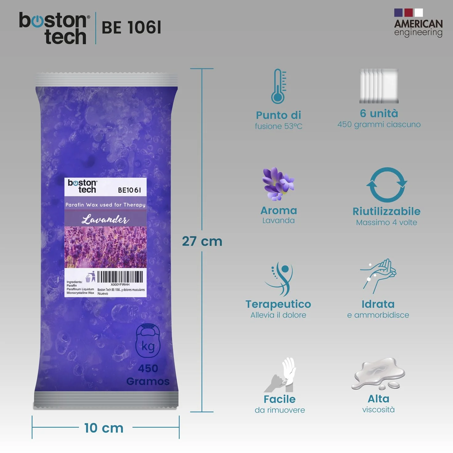 Cera di paraffina per mani e piedi Boston Tech|Riabilitazione antiossidante+ Trattamento di artrite e artrosi+ Idrata+ Nutre+ Estetica|Ideale per qualsiasi bagno di paraffina|6 blocchi da 450g Lavanda