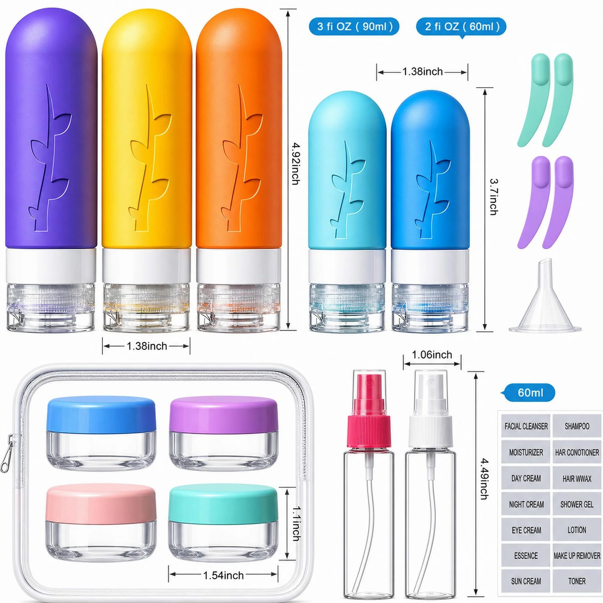 Confezione da 19 bottiglie da viaggio per articoli da toeletta, contenitori in silicone approvati TSA per articoli da toeletta, ricaricabili e a prova di perdite, flaconi per shampoo e balsamo da