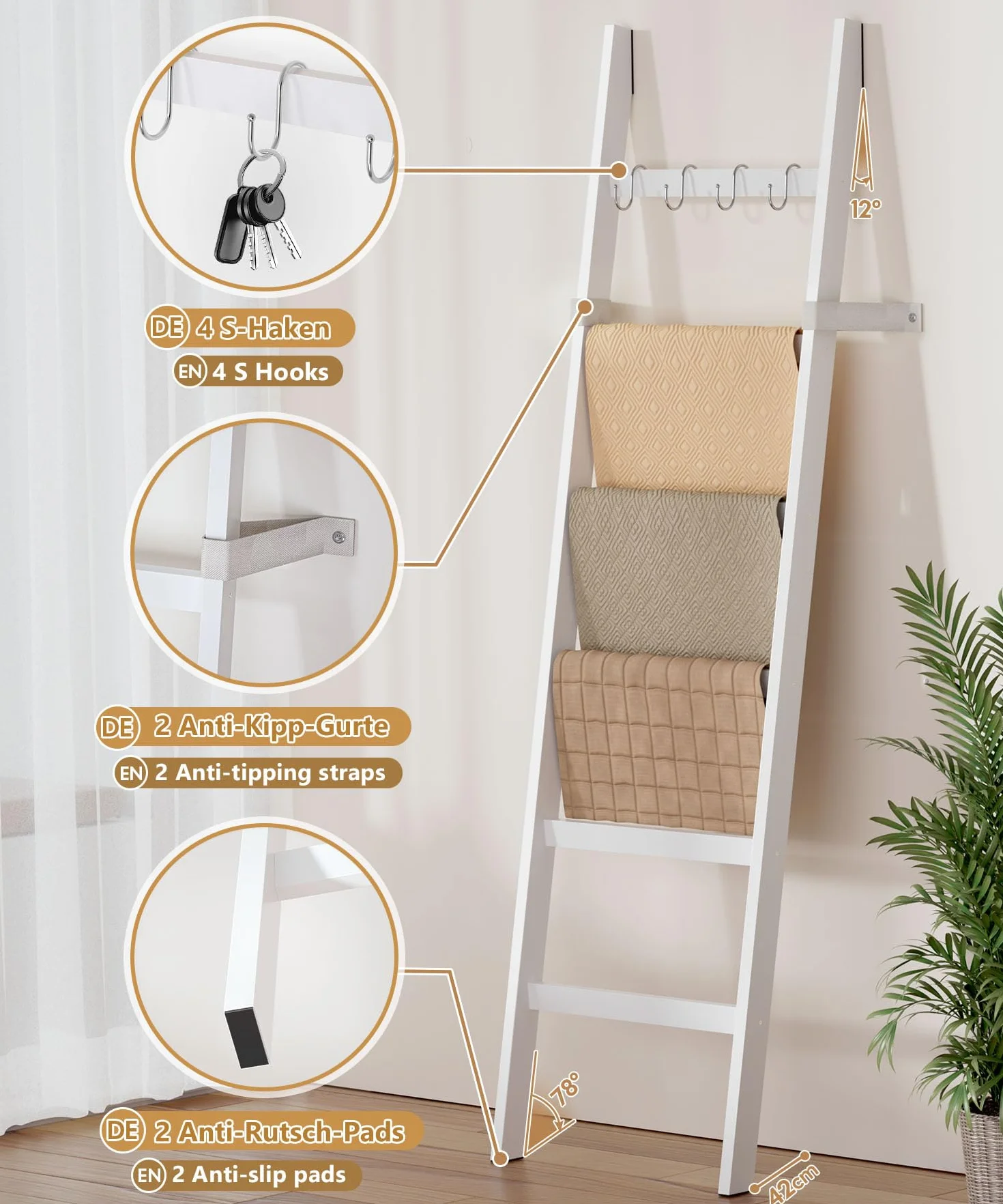 Yorbay Scala Portasciugamani in Bambù 170x43 cm Bianco 6 Pioli