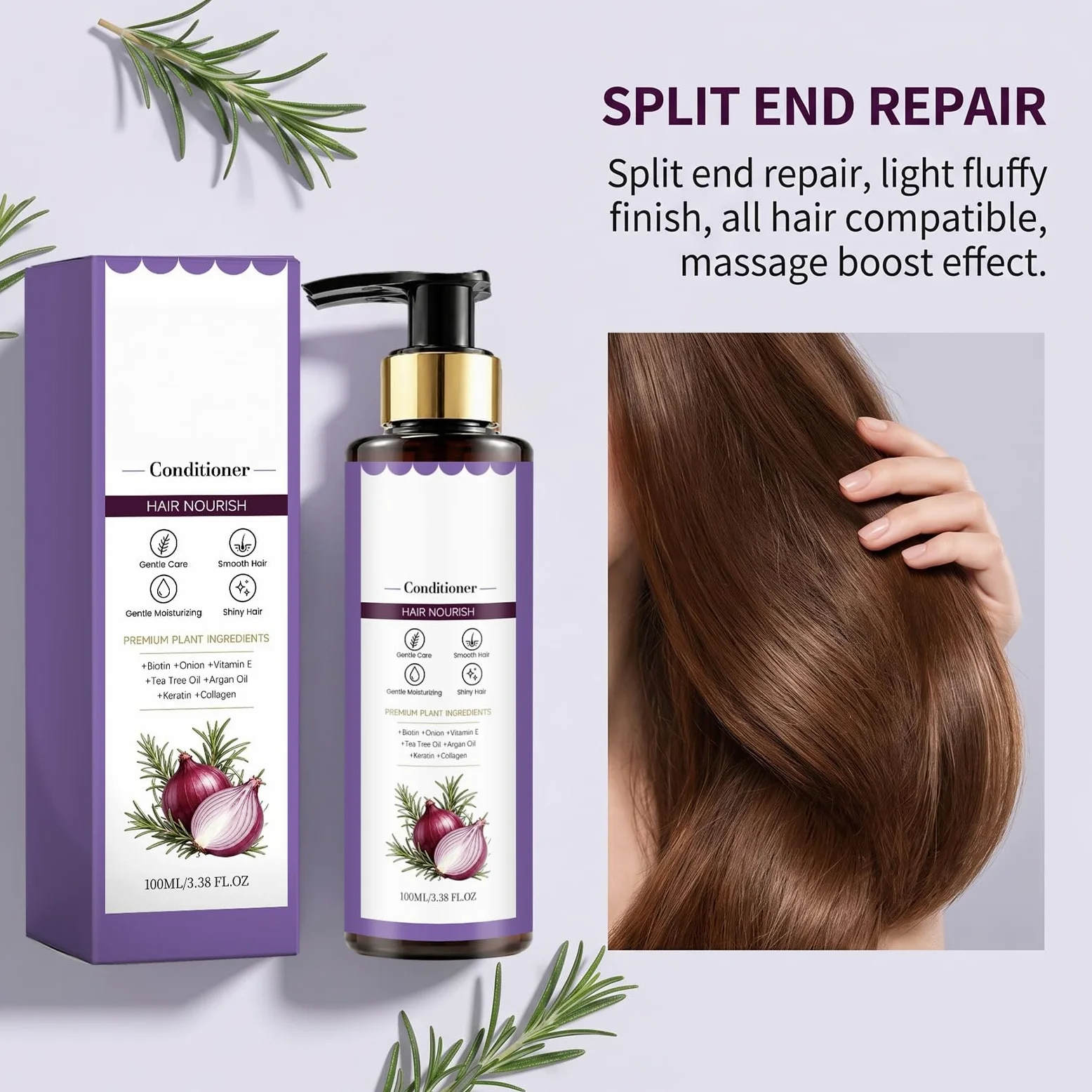 Balsamo per capelli alla cipolla e rosmarino per capelli lisci (3pcs) | Districa nodi ed effetto crespo, delicato per l'uso quotidiano, nutre le ciocche secche, esalta la lucentezza naturale,100 ml