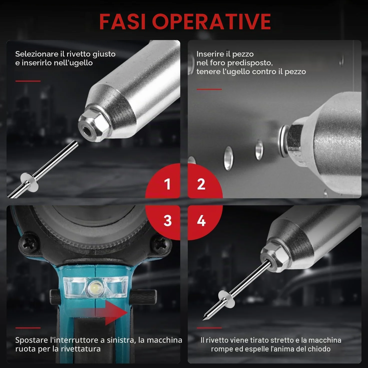 ONEVAN Rivettatrice Senza Fili a Batteria, 20 mm Corsa, 250 Nm Brushless, 5000 giri/min, 2 Batterie, per Alluminio e Rivetti Ciechi Ø 2,4-5,0 mm
