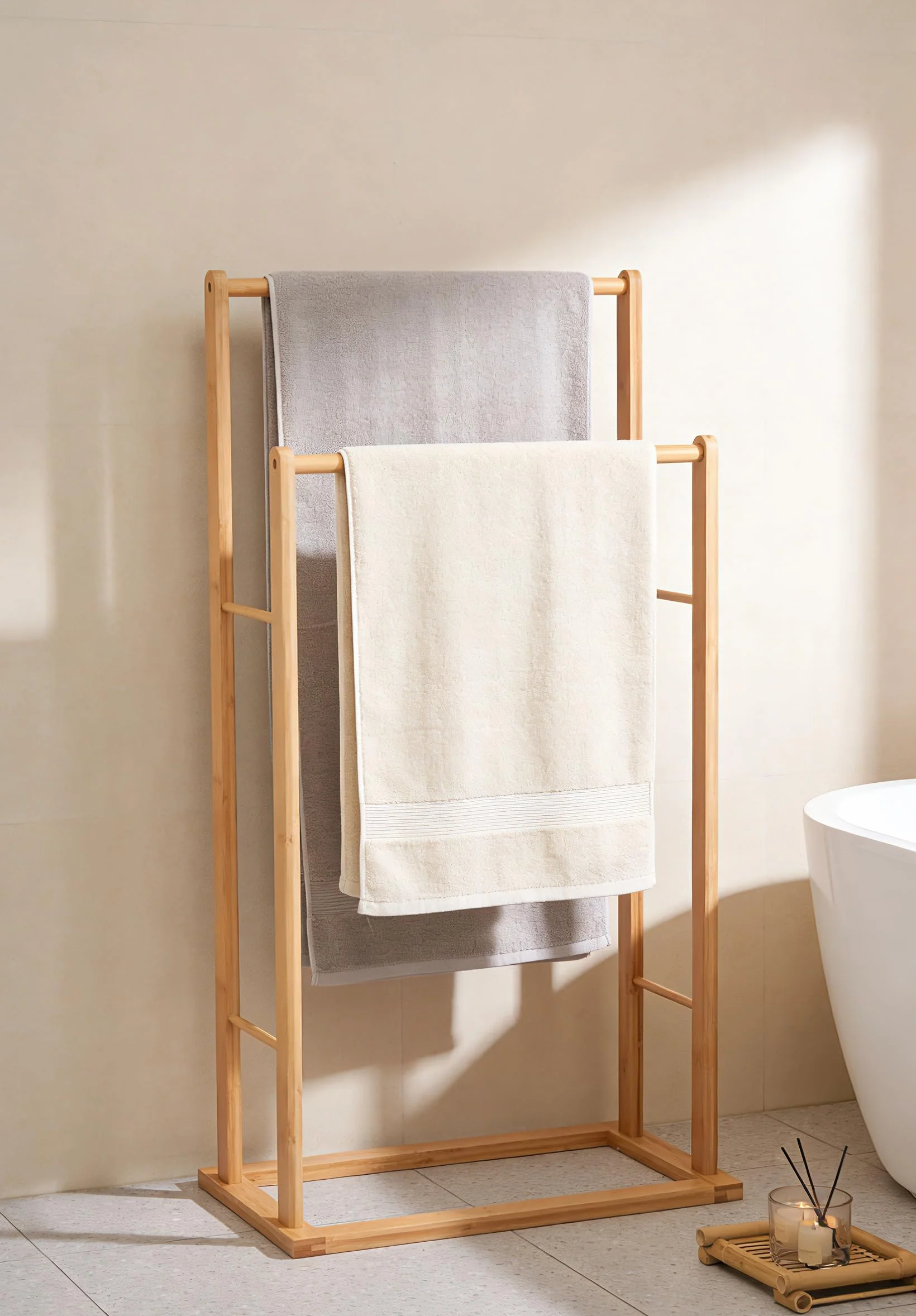 Portasciugamani Verticale in Bambù 2 Livelli Impermeabile 44.5×5×88 cm 2 Barre