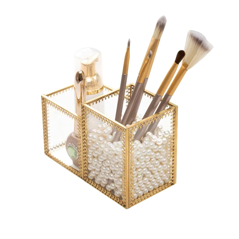 AGAATI Organizzatori per Cosmetici Scatola Porta pennelli per Trucco in Vetro Trasparente Contenitore per Cosmetici in Oro Anello Matita Porta Rossetto Organizzatore per pennelli per Trucco