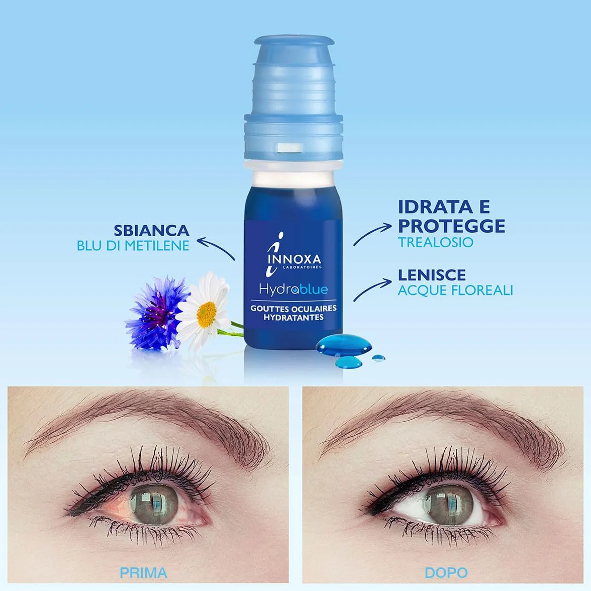 INNOXA - Gocce Oculari Formula Blu - Sbianca il Bianco degli Occhi -Idrata gli Occhi Arrossati ed Affaticati - Formula Originale - Sterile e Senza Conservanti - Prodotto in Francia - 10 ml