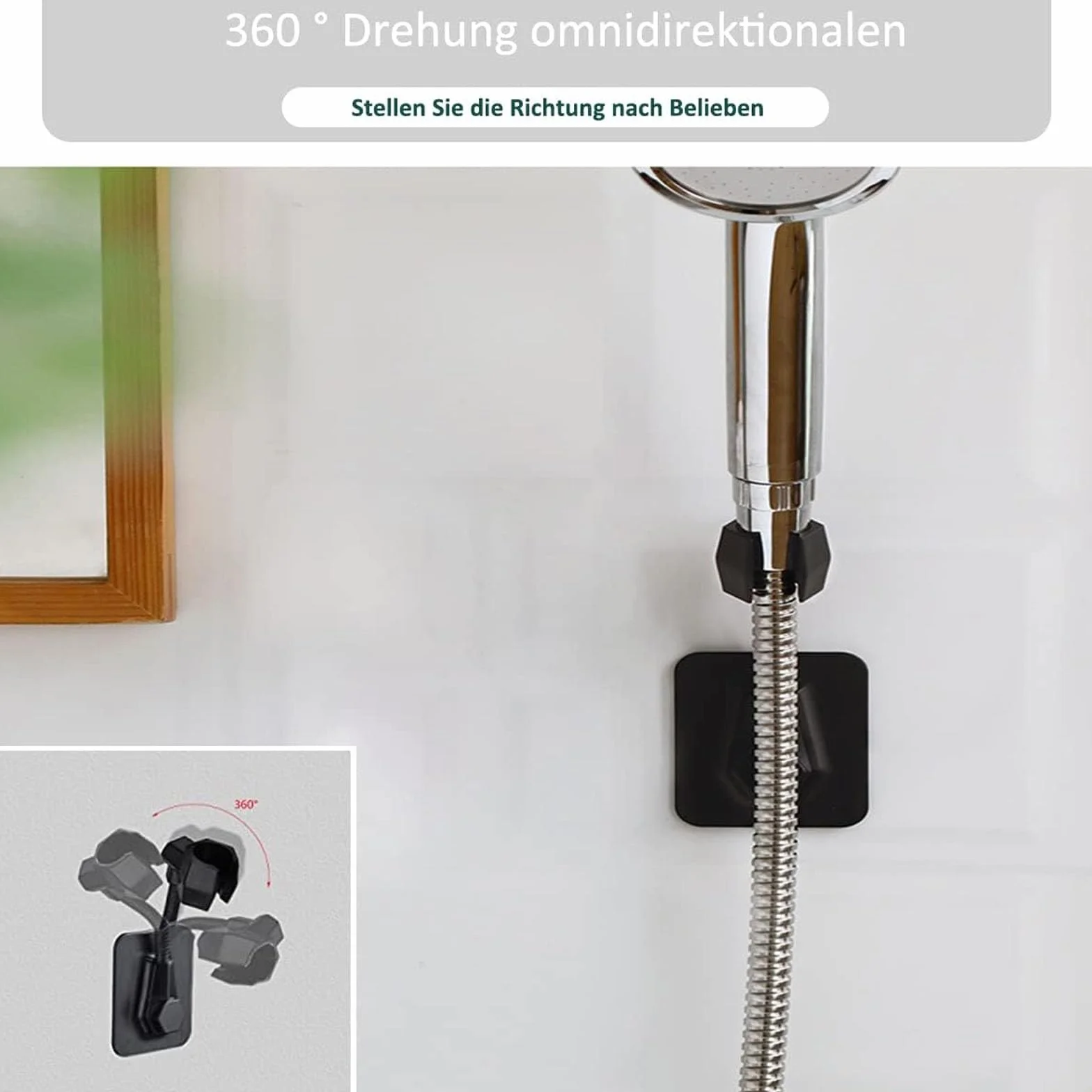 Staffa Supporto Doccia Regolabile 360º, Supporto Soffione No Punch, Senza Foratura, Nero