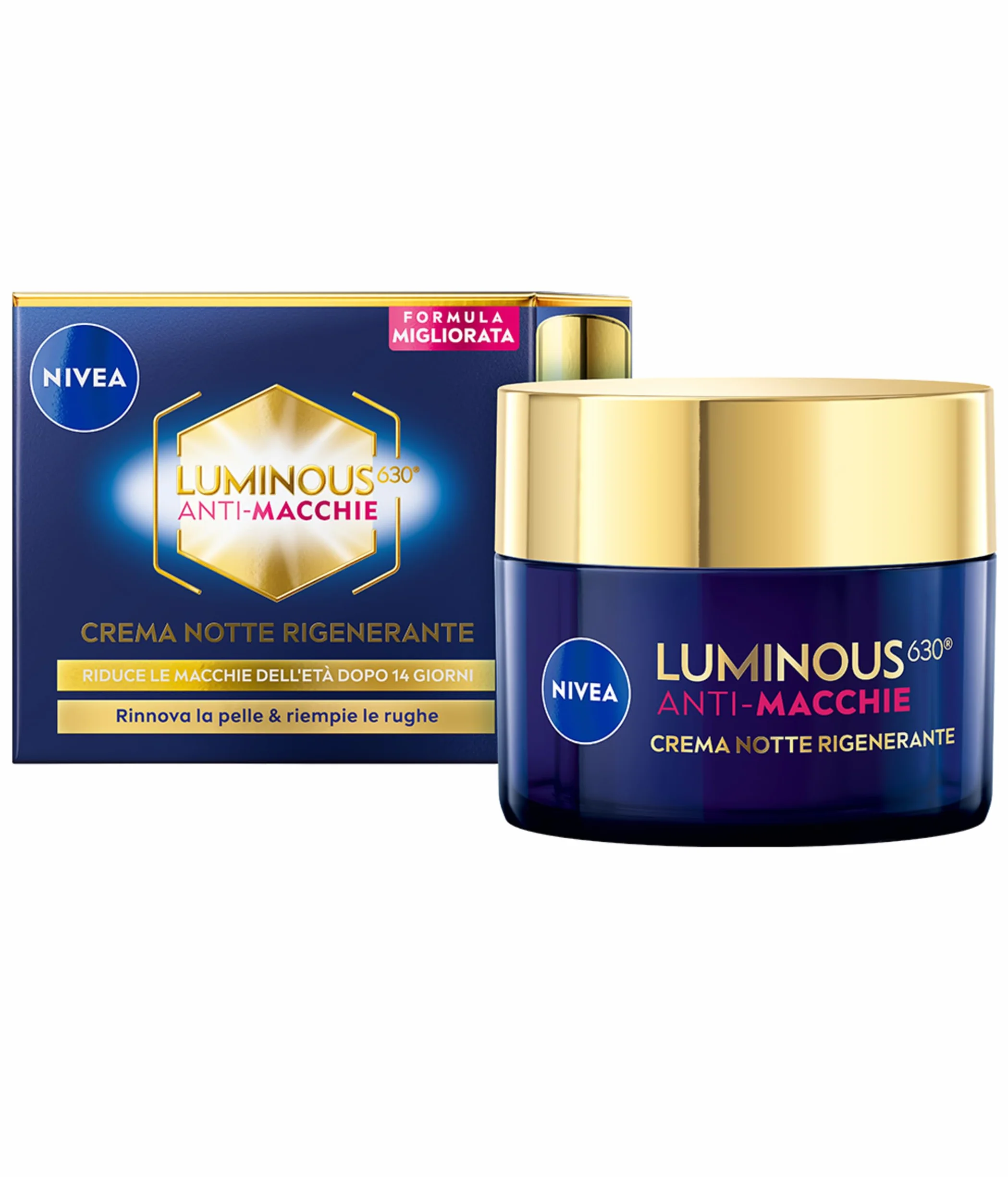 NIVEA Luminous630 Anti-Macchie Crema Notte Rigenerante 50 ml, Crema viso antirughe e antimacchia con Acido Ialuronico e Thiamidol brevettato, Efficiacia antimacchie viso per una pelle rinnovata