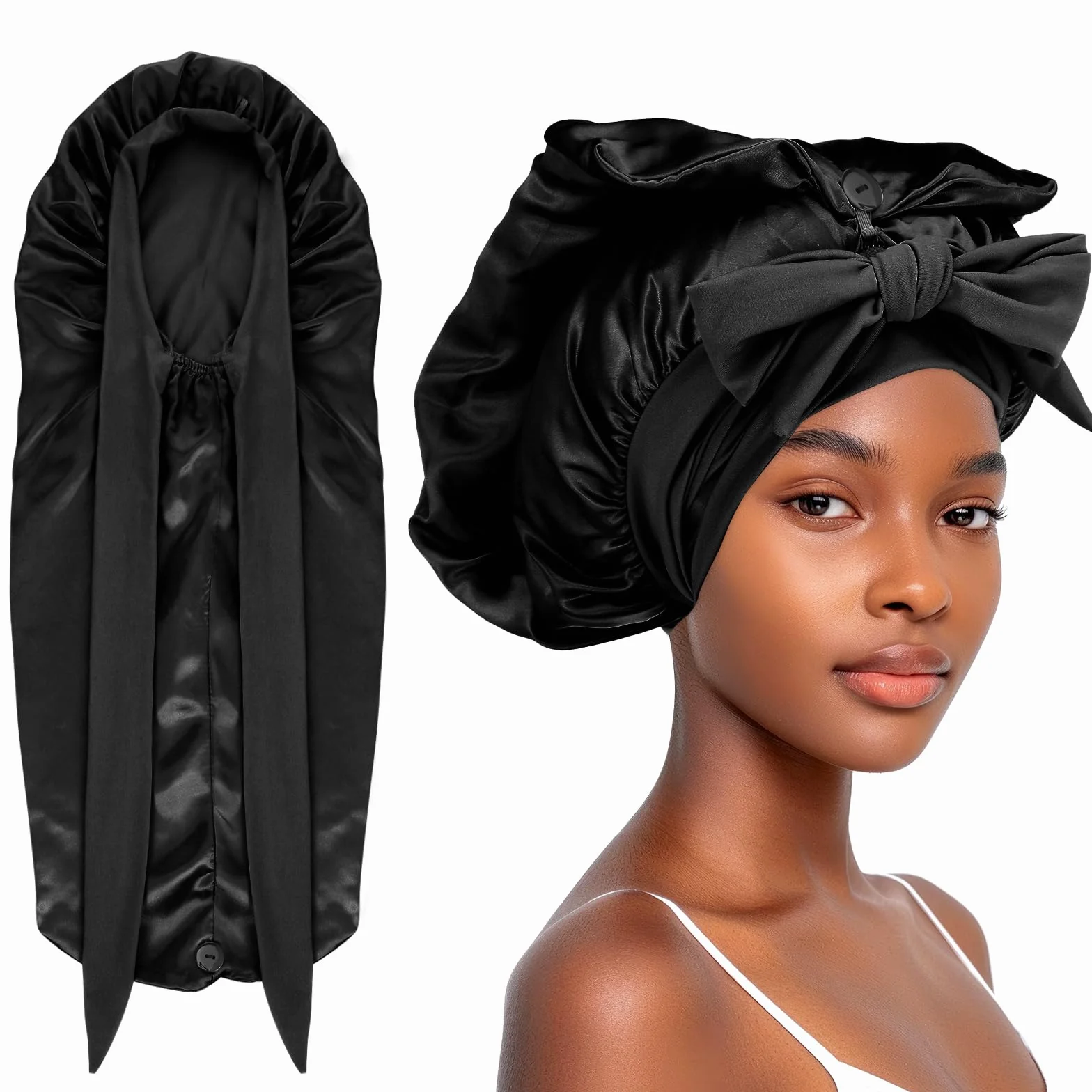 Abeillo Cuffia lunga in raso per donne che dormono, grande cuffia per capelli in seta con fascia elastica per trecce capelli ricci