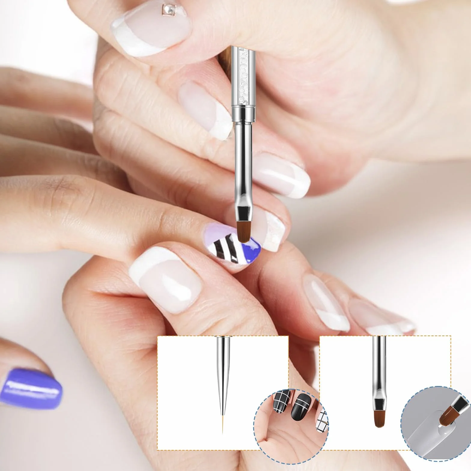 simarro Pennello per unghie a doppia estremità, manico con strass, pennello per unghie in gel, strumenti professionali per nail art, pennello per punteggiatura (1 pezzo bianco)