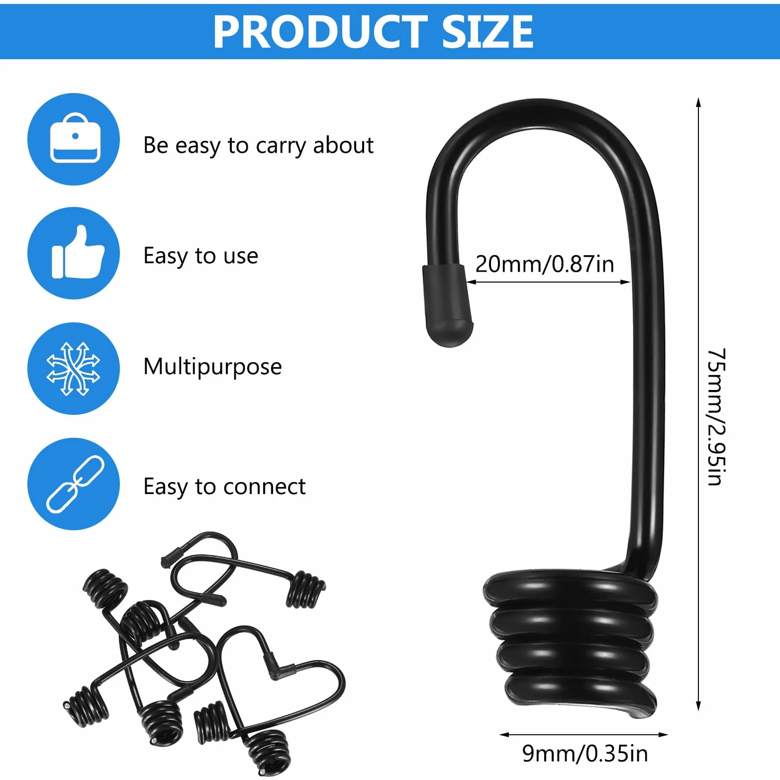 Ganci a Spirale per Corda Elastica 9mm, Gancio in Metallo per Teloni Bici Moto Auto Camion