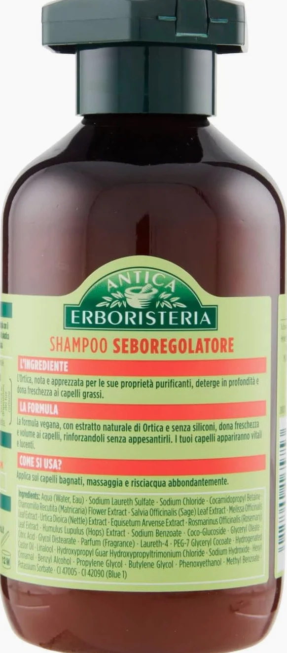 12x Antica Erboristeria Shampoo Seboregolatore all'Ortica per Capelli Grassi Formula Vegan Senza Siliconi e Coloranti,Flaconi da 250ml + Portachiavi Beni Culinari in Omaggio