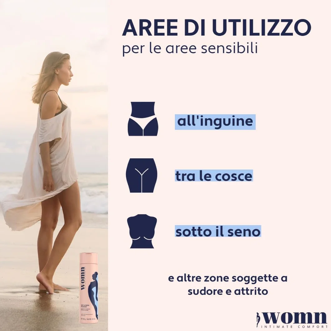womn Dry & Fresh Powder 100 g – Polvere Corpo Senza Talco per Zona Intima, Inguine e Sotto il Seno – Assorbe il Sudore, Riduce Sfregamenti e Odori