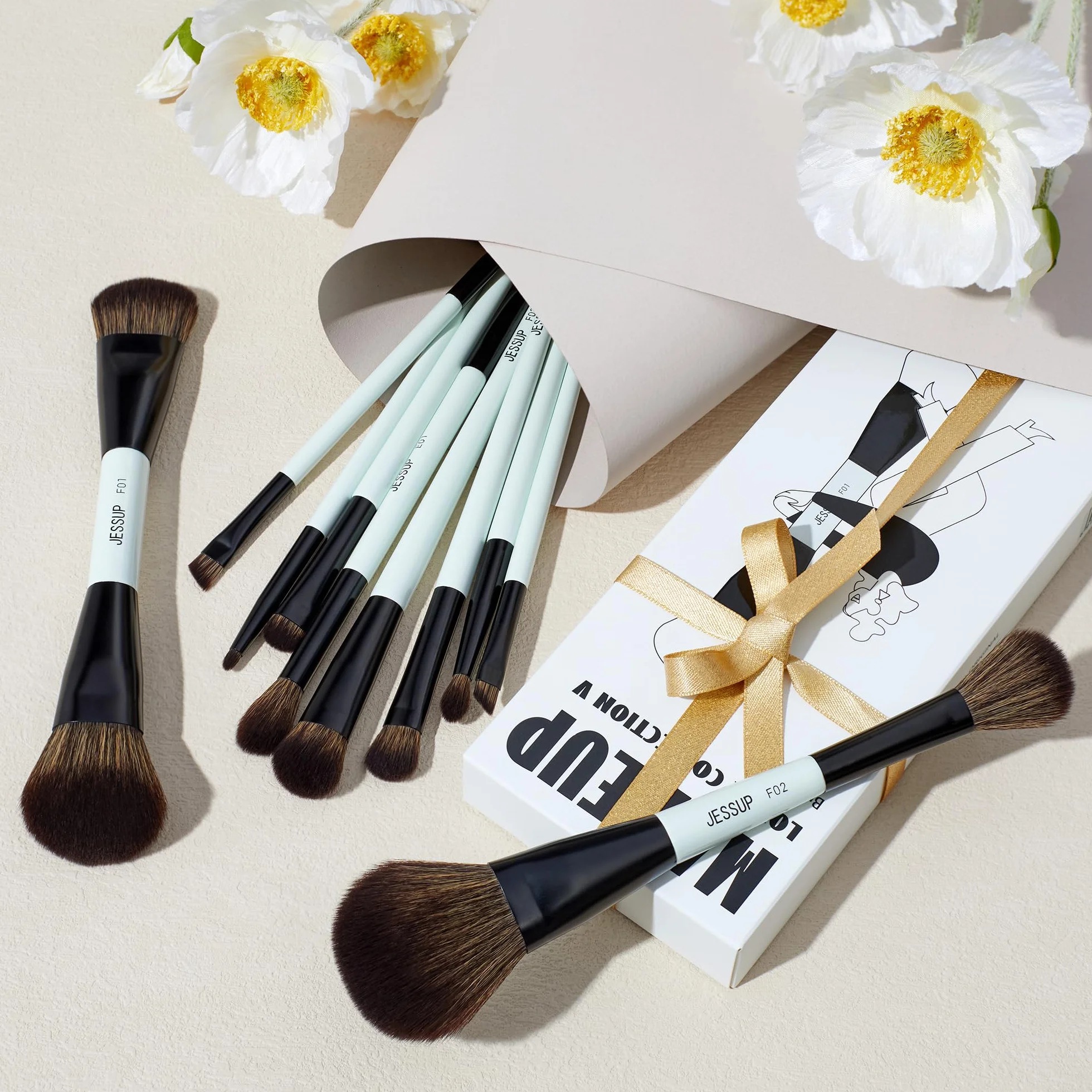 Jessup pennelli trucco, 10pz pennelli make up, 14-in-10 duo-end pennelli collezione versatilità, fondotinta polvere ombretto contorno occhi eyeliner evidenziatore fard pennello, ciano brillante T500
