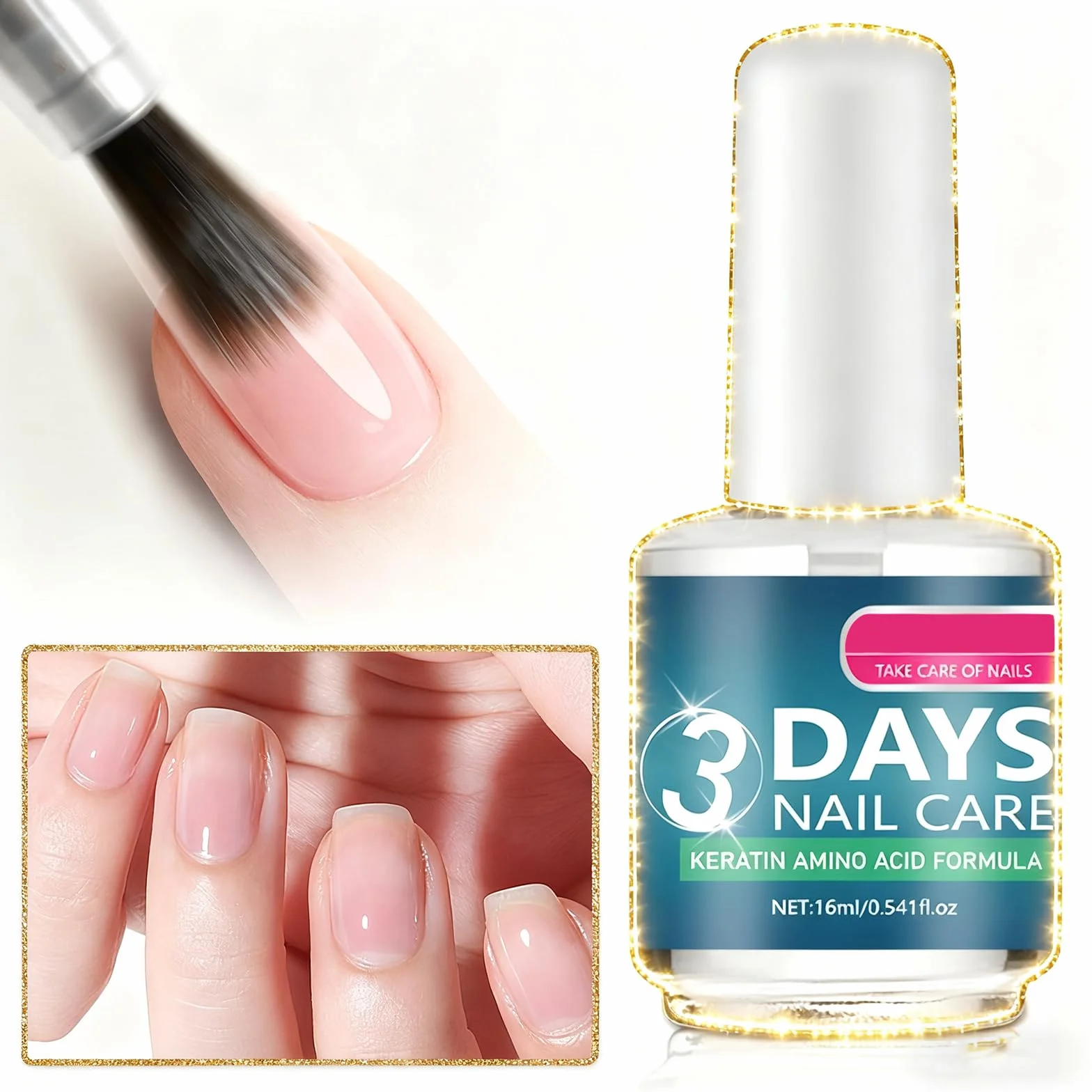 Cura delle unghie in 3 giorni, siero fortificante alla cheratina e agli aminoacidi per unghie fragili e danneggiate, siero di crescita da 16 ml e smalto trasparente per una manicure forte e morbida (2