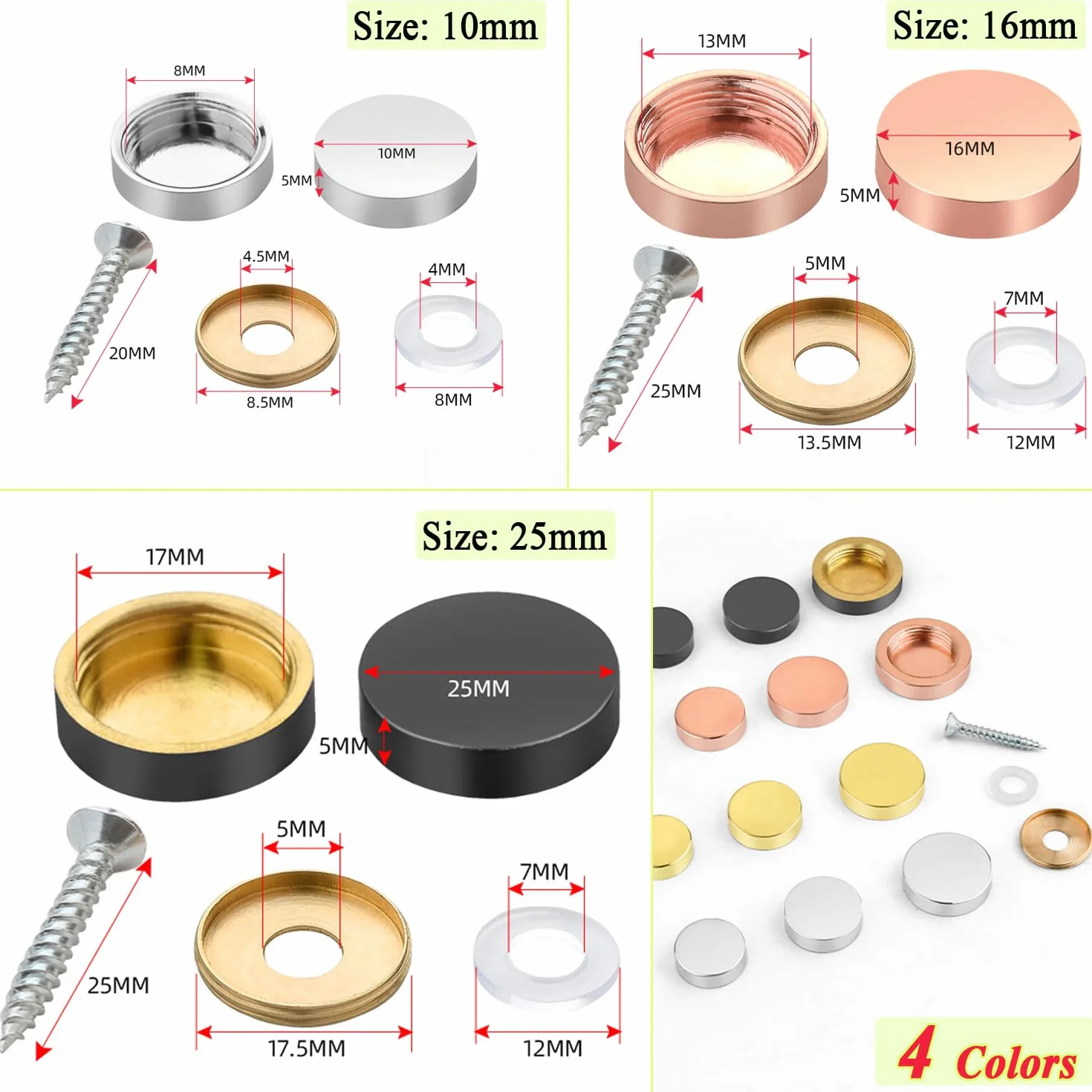 Viti a Specchio da 10mm in Argento con Testa in Ottone, Tappi di Copertura Cromati - 24 Pezzi