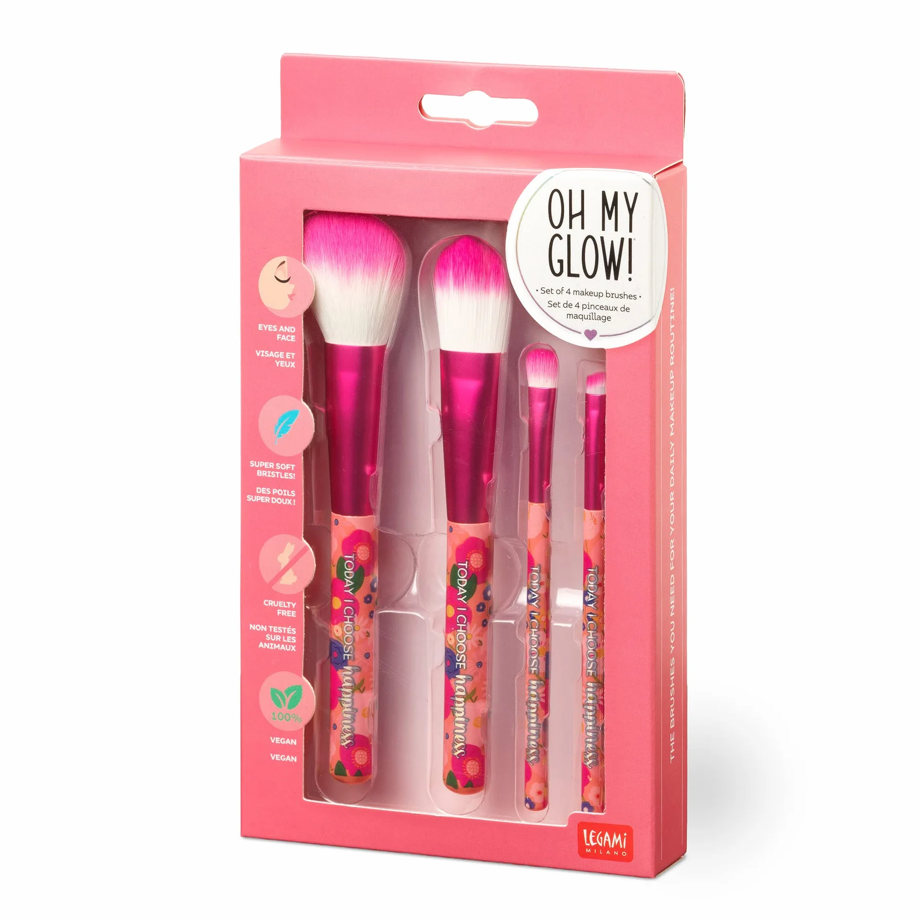 Legami - Set di 4 Pennelli per il Trucco, Oh My Glow! Tema Flowers, Include Powder-Foundation-Eyeshadow-Eyeliner Brush, 100% Vegan, Formato da Viaggio