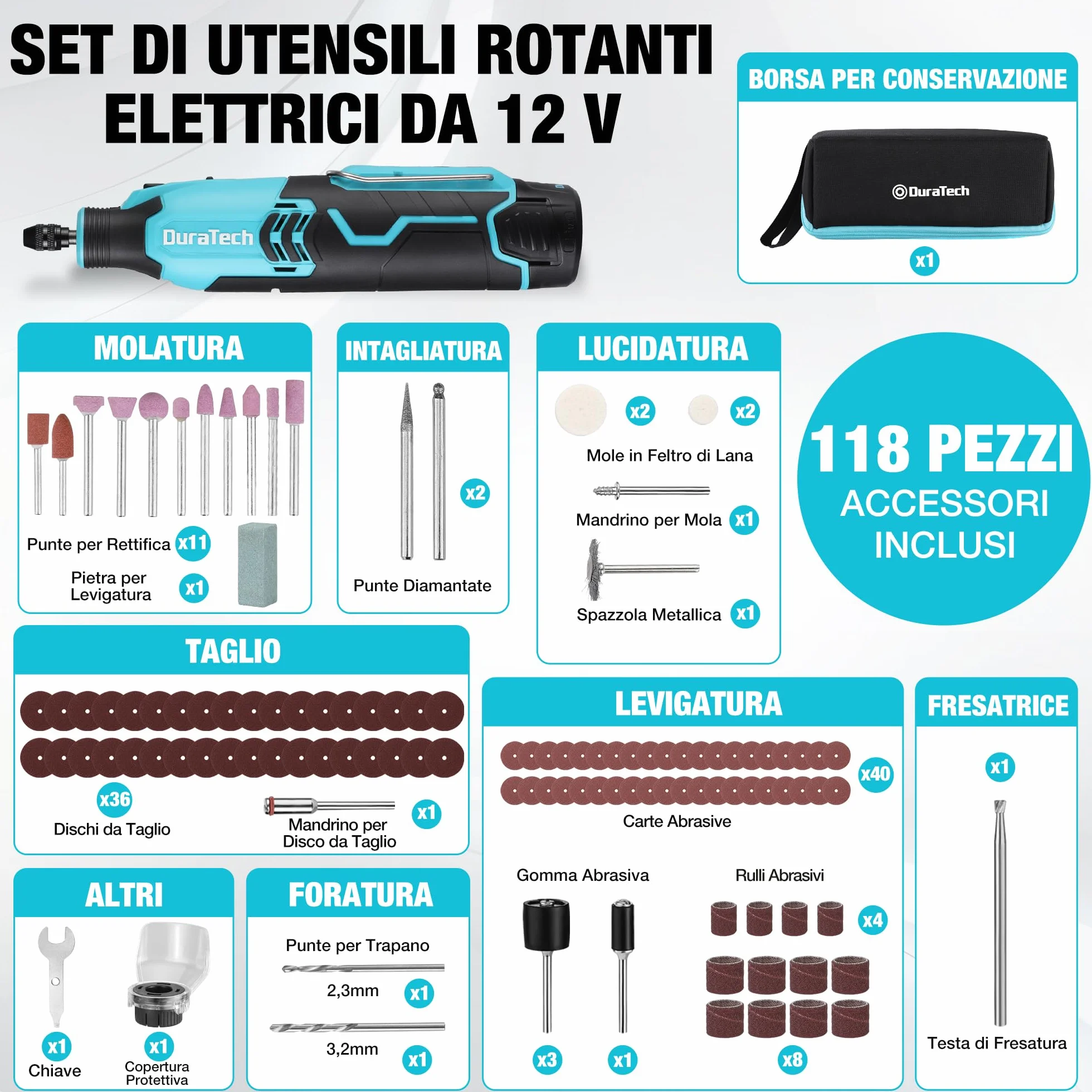 DURATECH Strumento Multifunzione Ricaricabile 35.000 giri/min 7 Velocità con 118 Accessori