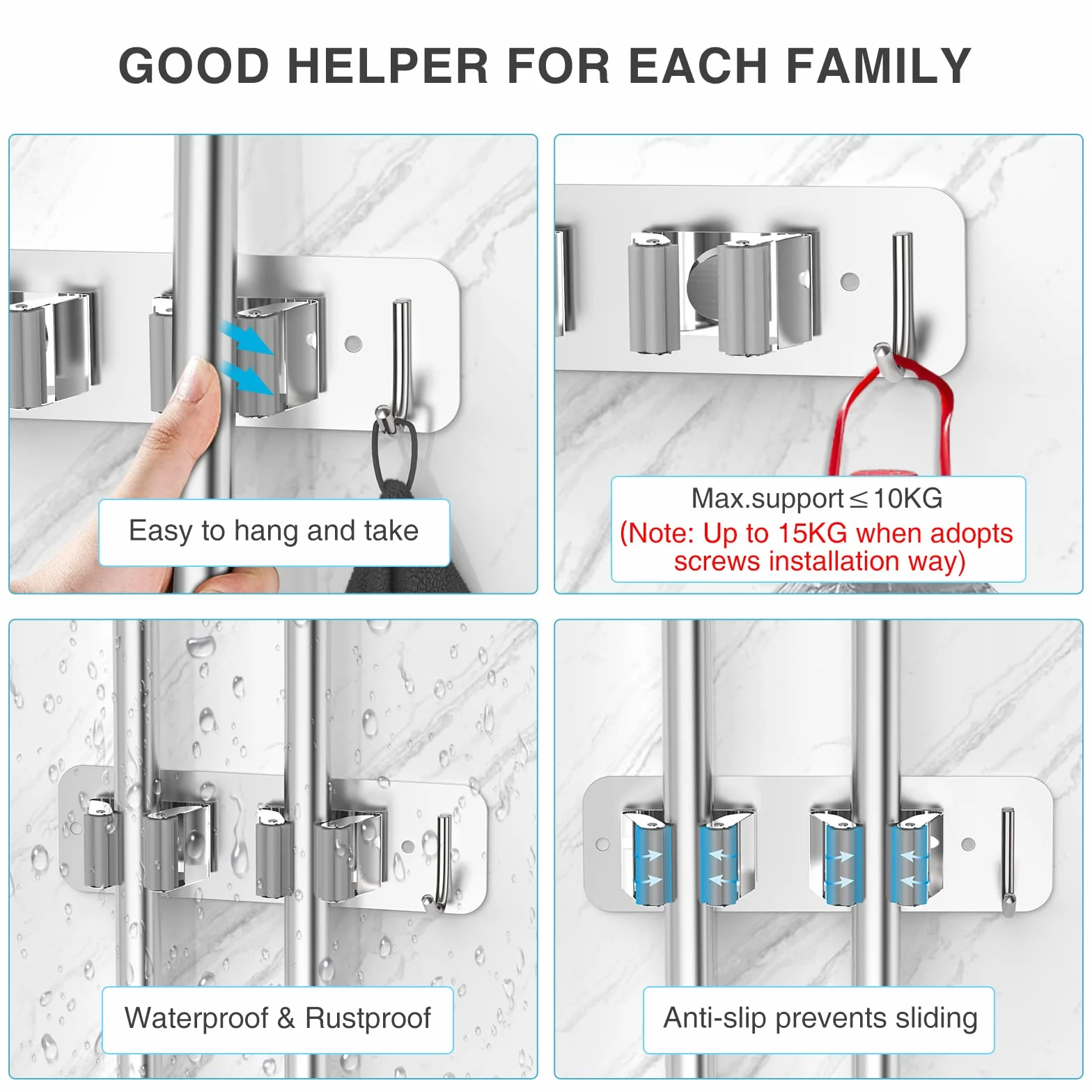HOMEASY Porta Scope Parete 2 Pezzi, Portascope da Muro in Acciaio Inox, Argento