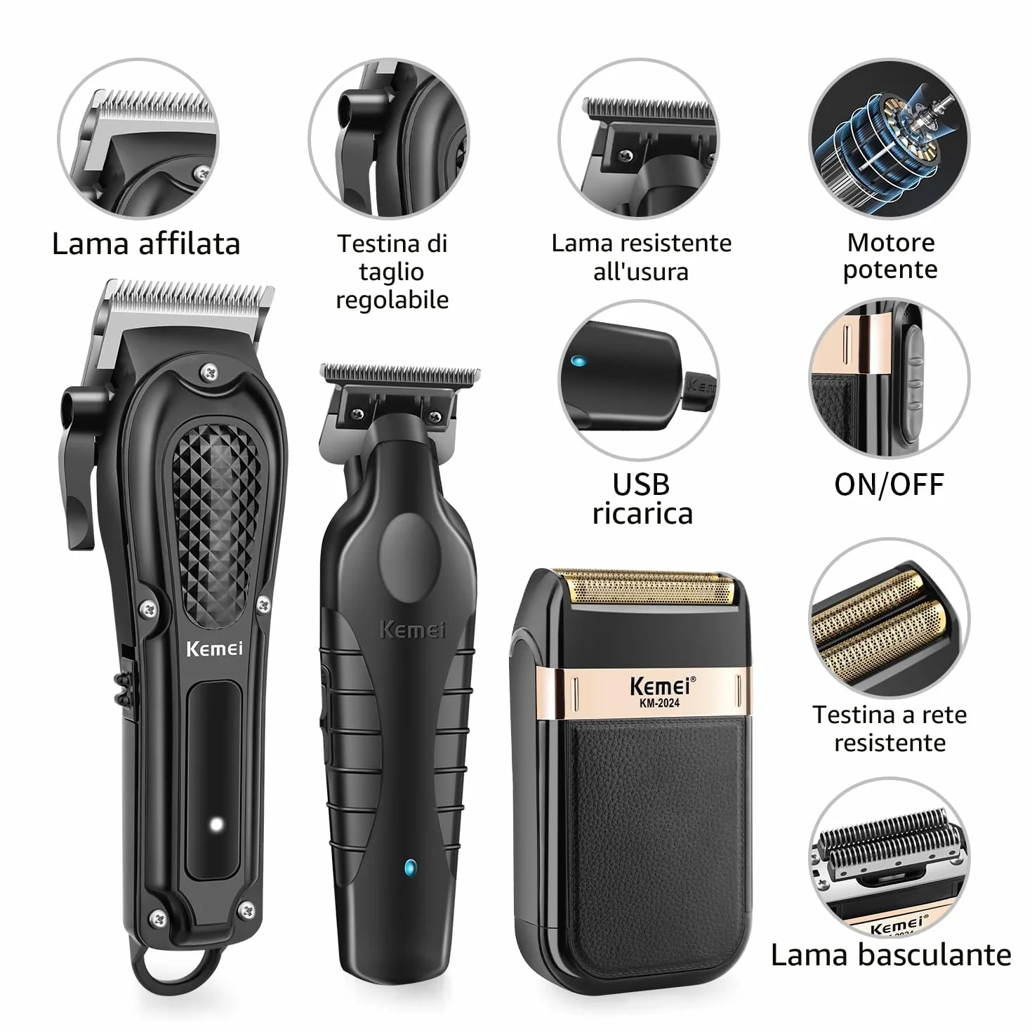 KEMEI Tagliacapelli professionale per uomo, set completo senza fili con trimmer a lama T, rasoio con lamina e 9 pettini guida
