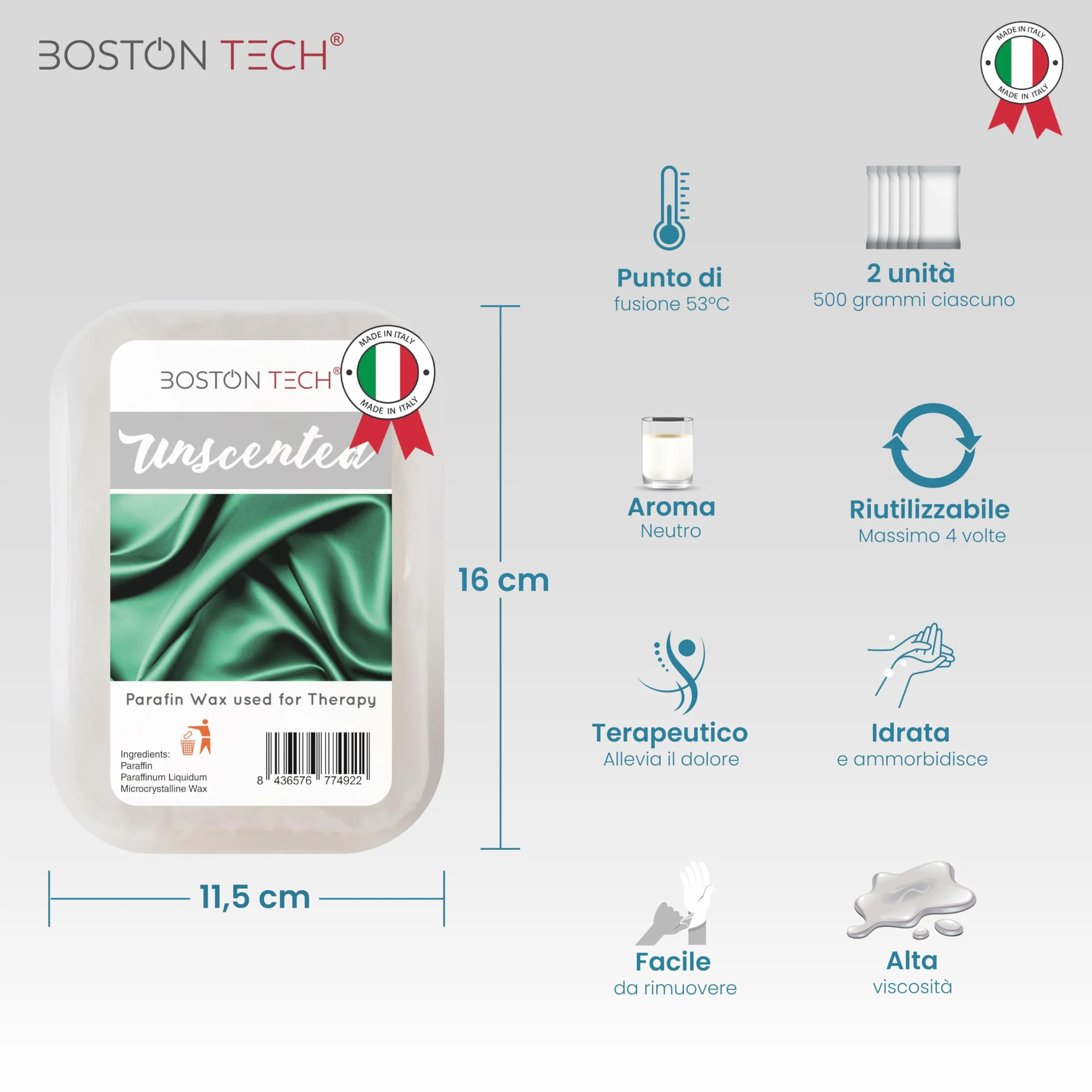 Paraffina Boston Tech per mani e piedi, riabilitazione antiossidante, trattamento di artrite e osteoartrite, idrata e nutre, confezione da 2 blocchi x 500 g Neutro