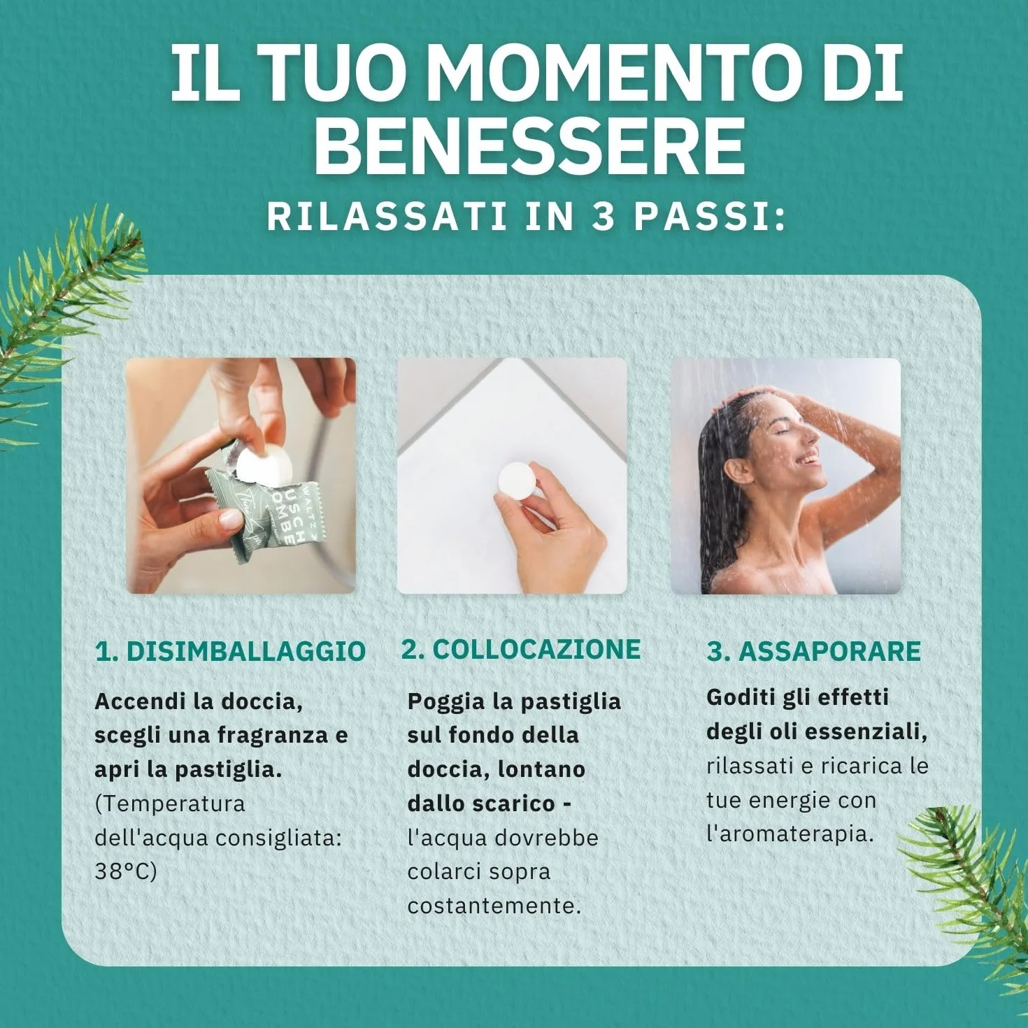 WALTZ 7 Set di Bombe da Doccia all’Abete Rosso, Bombe da Bagno con Olio Essenziale di Pino per il Benessere e il Relax, Vegane per Aromaterapia, Effetto Calmante e Rigenerante, Confezione da 6