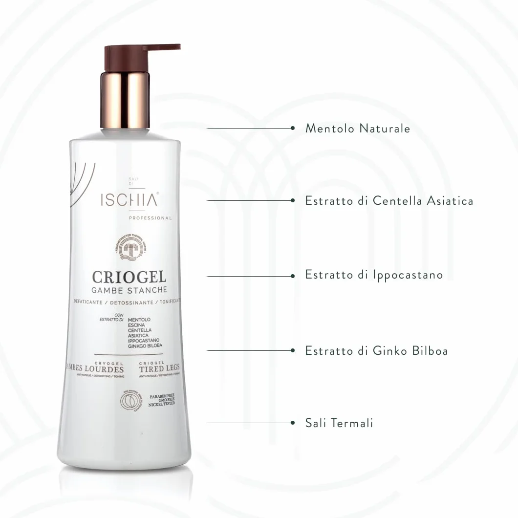 Ischia Eau Thermale [500 ml.] Criogel Gambe Stanche - Gel ad azione Defaticante, Detossinante e Tonificante - Effetto Freddo - Nickel Tested