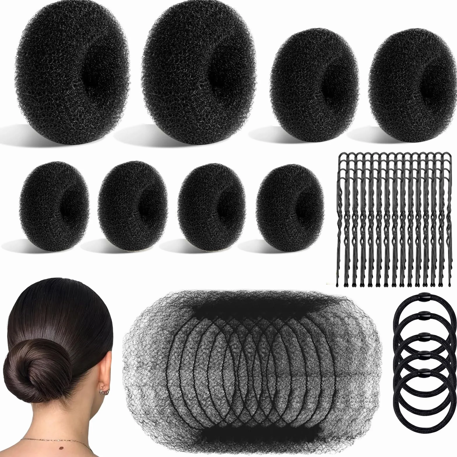 Ciambelle per chignon, set da 63 pezzi con retine per chignon, forcine e fasce elastiche, ciambelle per capelli, accessori per capelli per ragazze, bambini, donne, ballerine (nero)