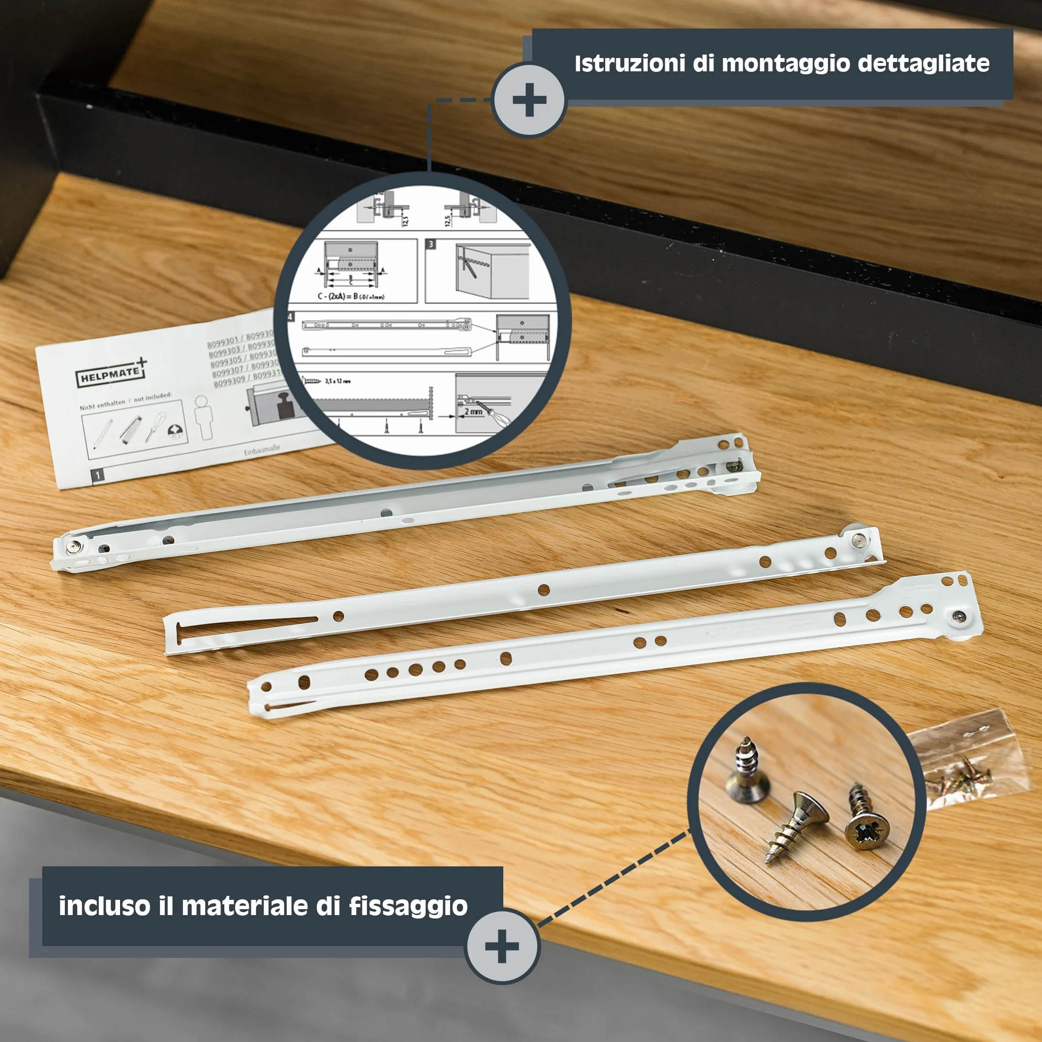 HELPMATE Guide per cassetti a rullo 450 mm 1 paio di 2 binari estraibili
