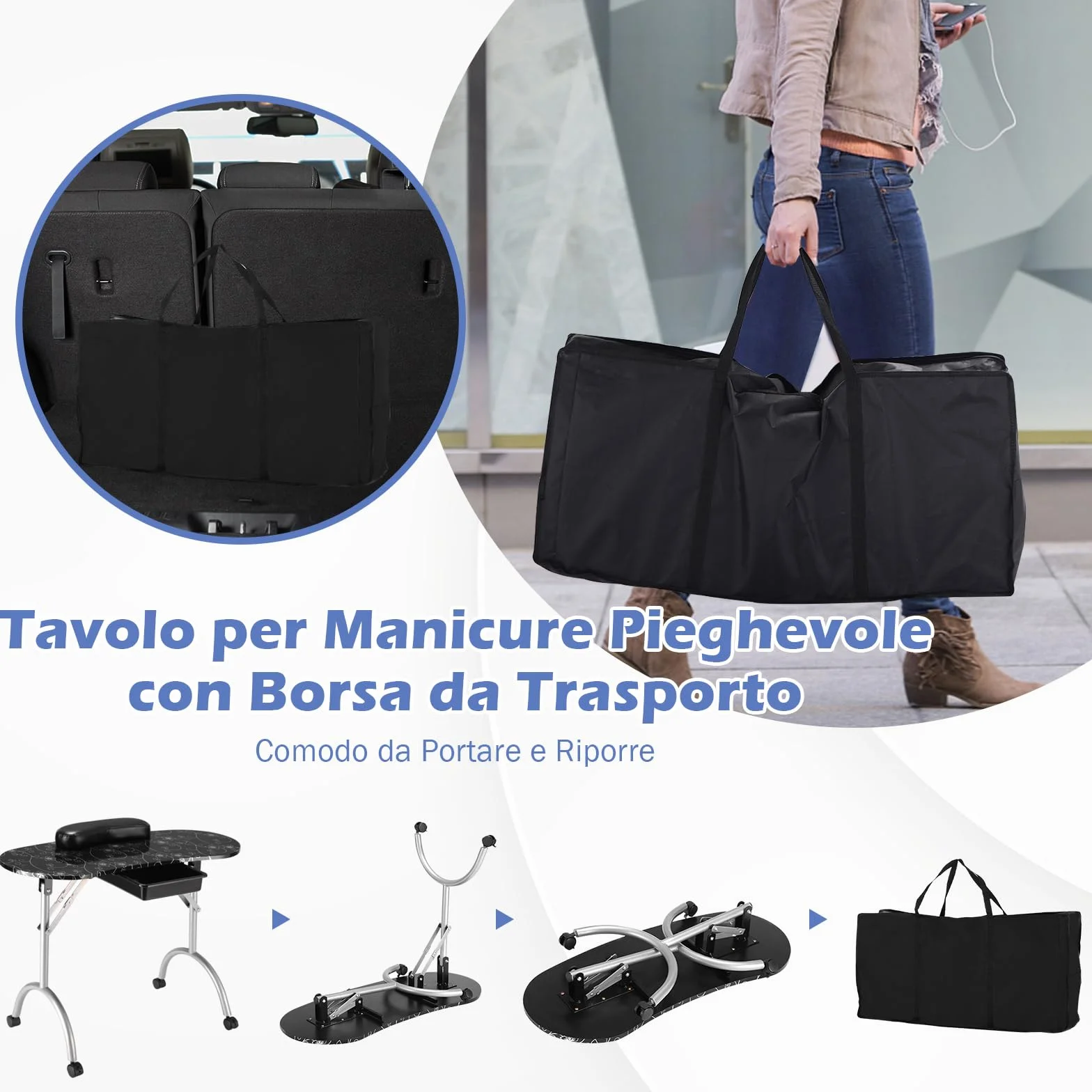 COSTWAY Tavolo per Manicure, Tavolo per Unghie Pieghevole per Estetista con Ruote, Cassetto e Cuscino Poggiapolsi (Nero)