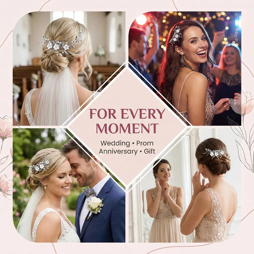 Pettinino per Sposa con Rami Fioriti, Accessori Capelli Eleganti per Cerimonia, Fermacapelli Decorativi per Donne & Ragazze (Argento)