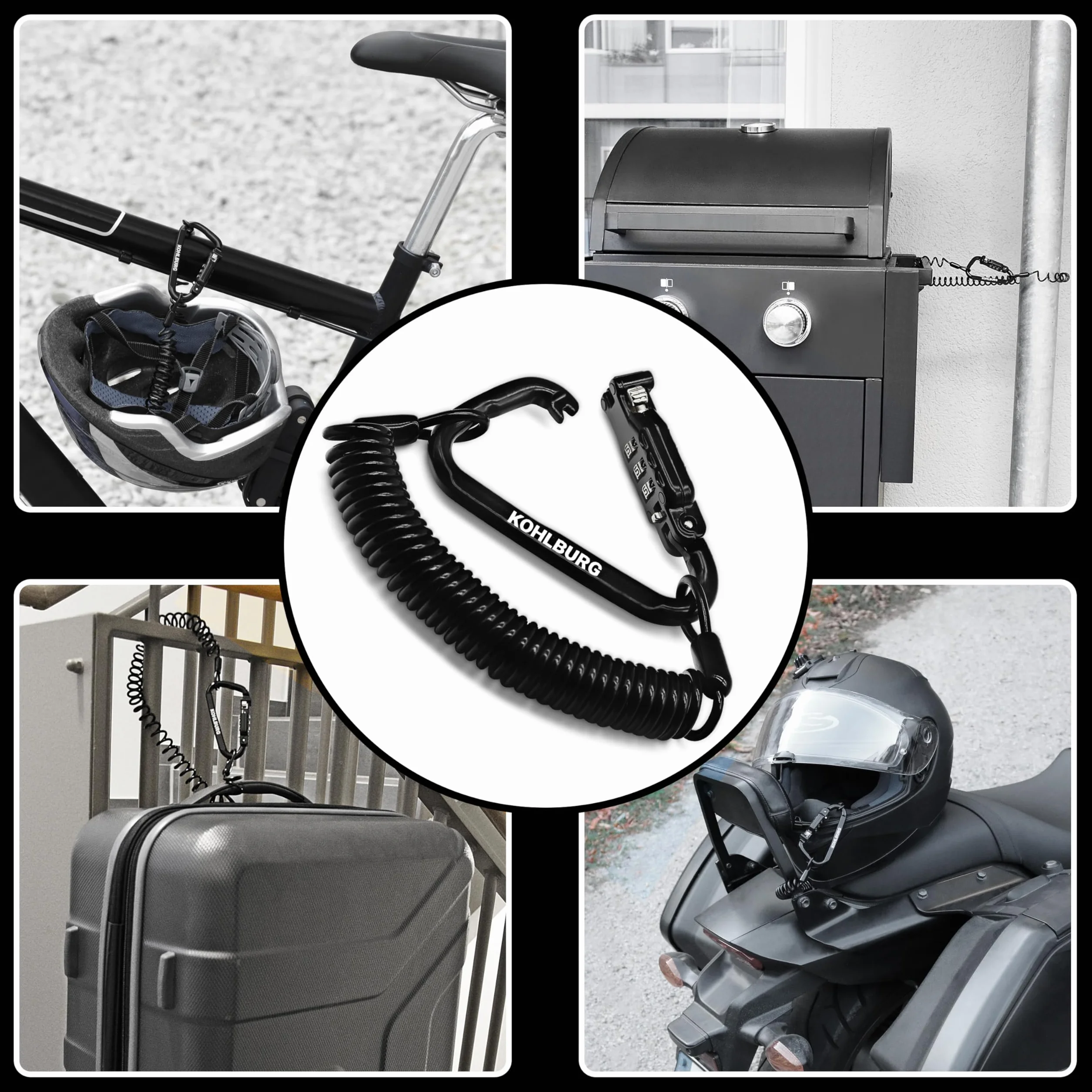 KOHLBURG lucchetto con combinazione extra lungo 180 cm cavo 3 mm per moto, bicicletta, valigia, snowboard