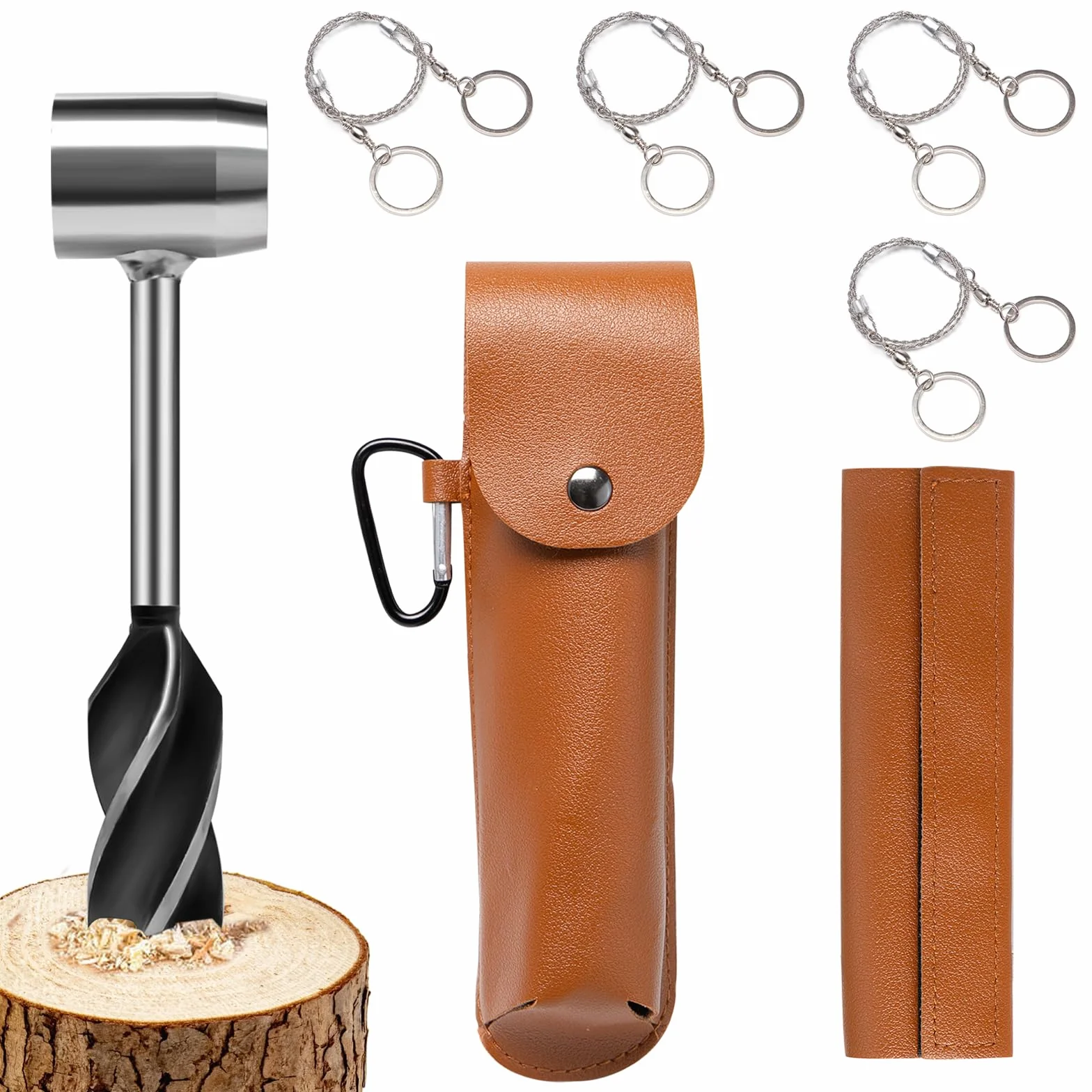 Trivella Manuale per Legno con 4 Sega a Filo di Emergenza Custodia In Pelle Punta da Trapano Multiuso Bushcraft Survival Tools
