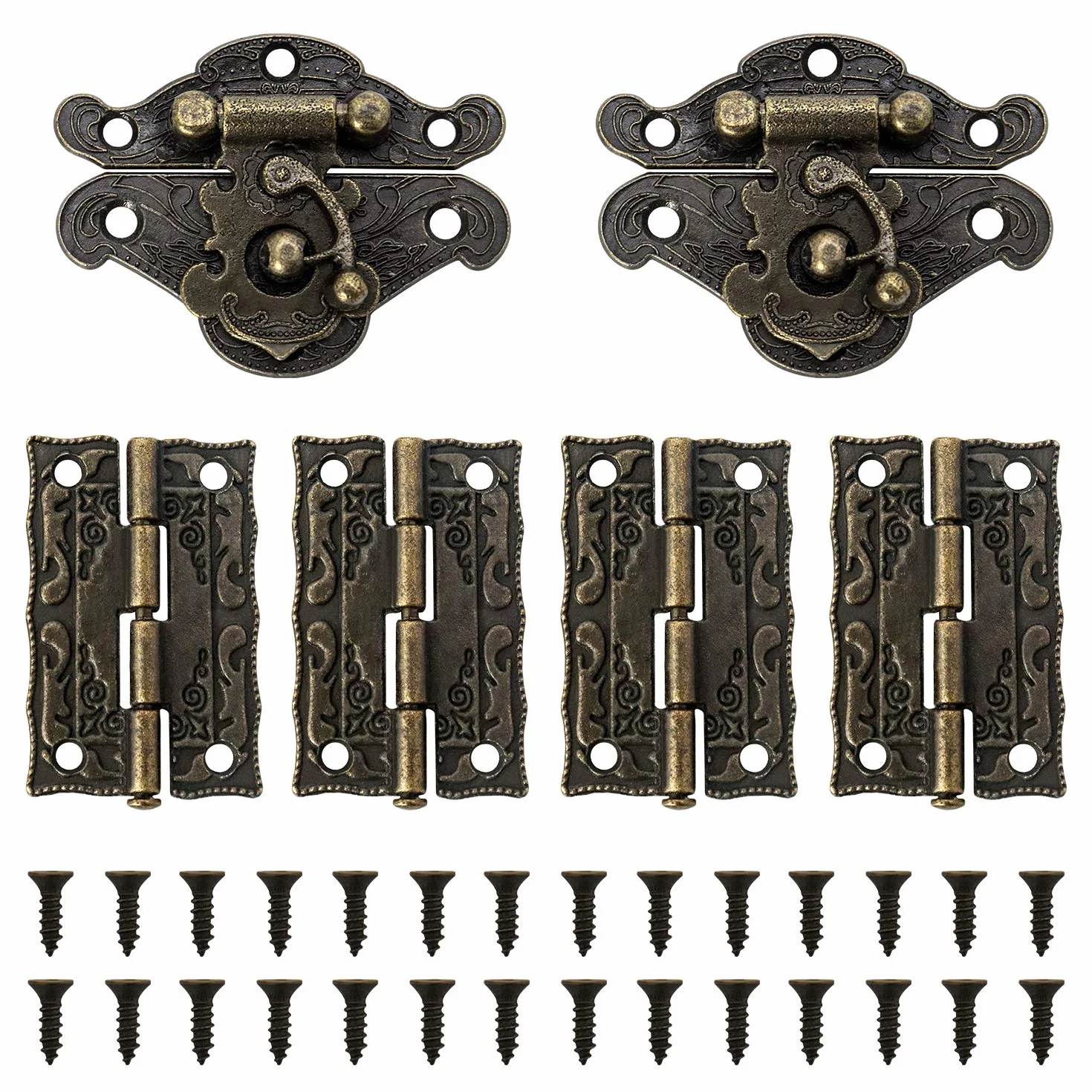 QWORK Serratura antica a gancio Hasp Set di 2 con cerniere e viti per contenitore in legno