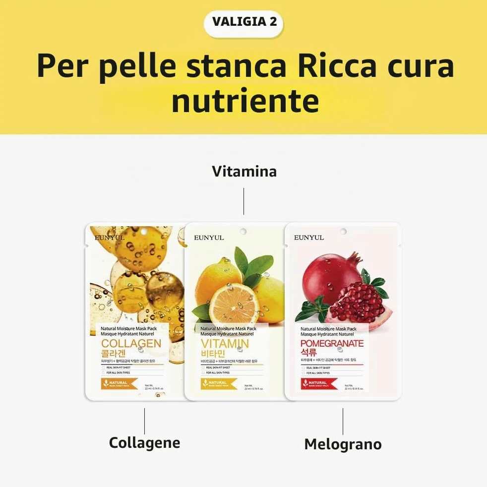 Eunyul Maschera in tessuto naturale Confezione Maschera Coreana Aloe, Collagene, Perla, Ialurone, Avocado, Melograno, Vitamina, Mirtillo, Tè Verde, Cetriolo, Confezione da 10