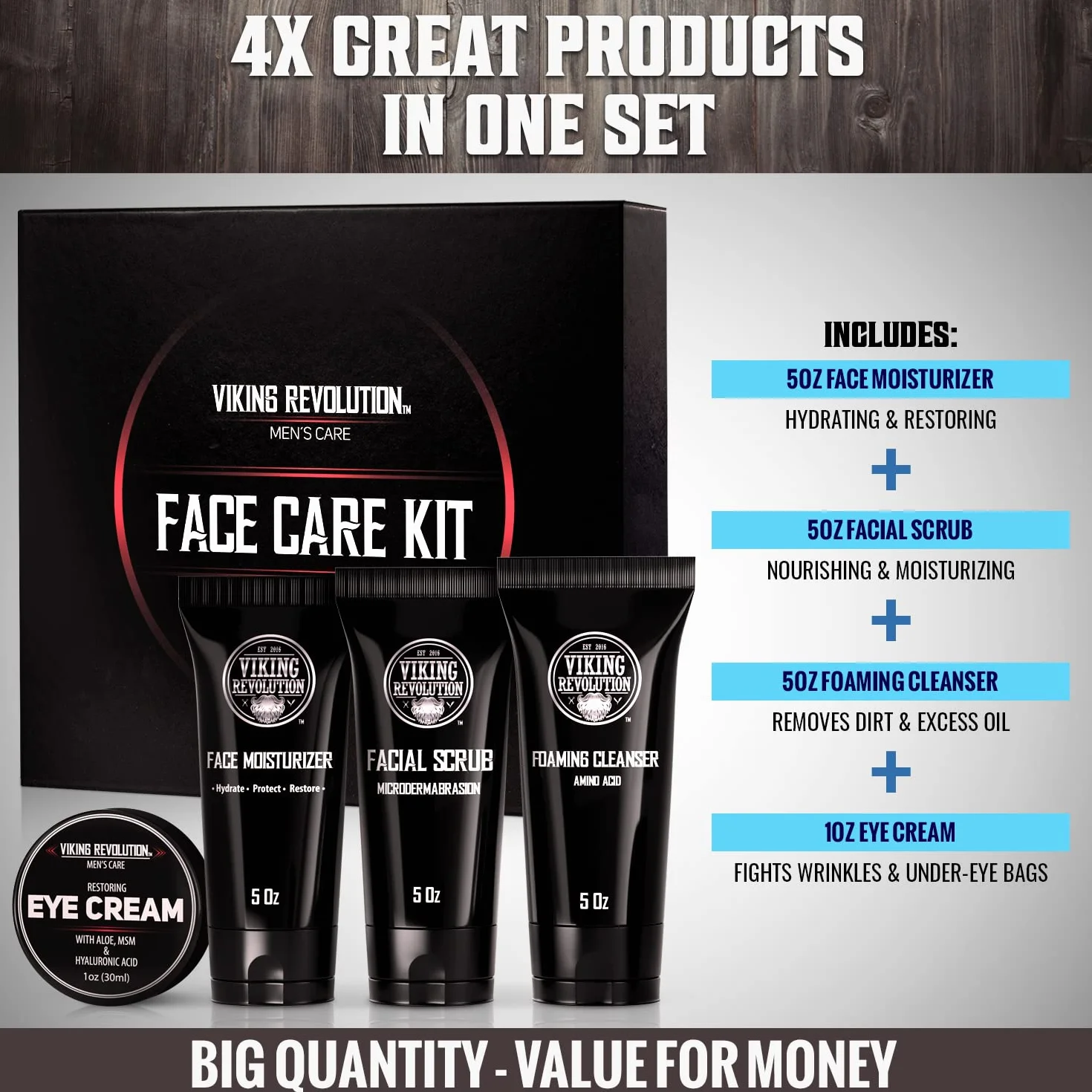 Viking Revolution - Skin Care Kit Uomo - Regalo Uomo - Include Idratante Viso, Scrub Viso, Detergente Schiumogeno (148ml) e Crema Contorno Occhi (30ml)