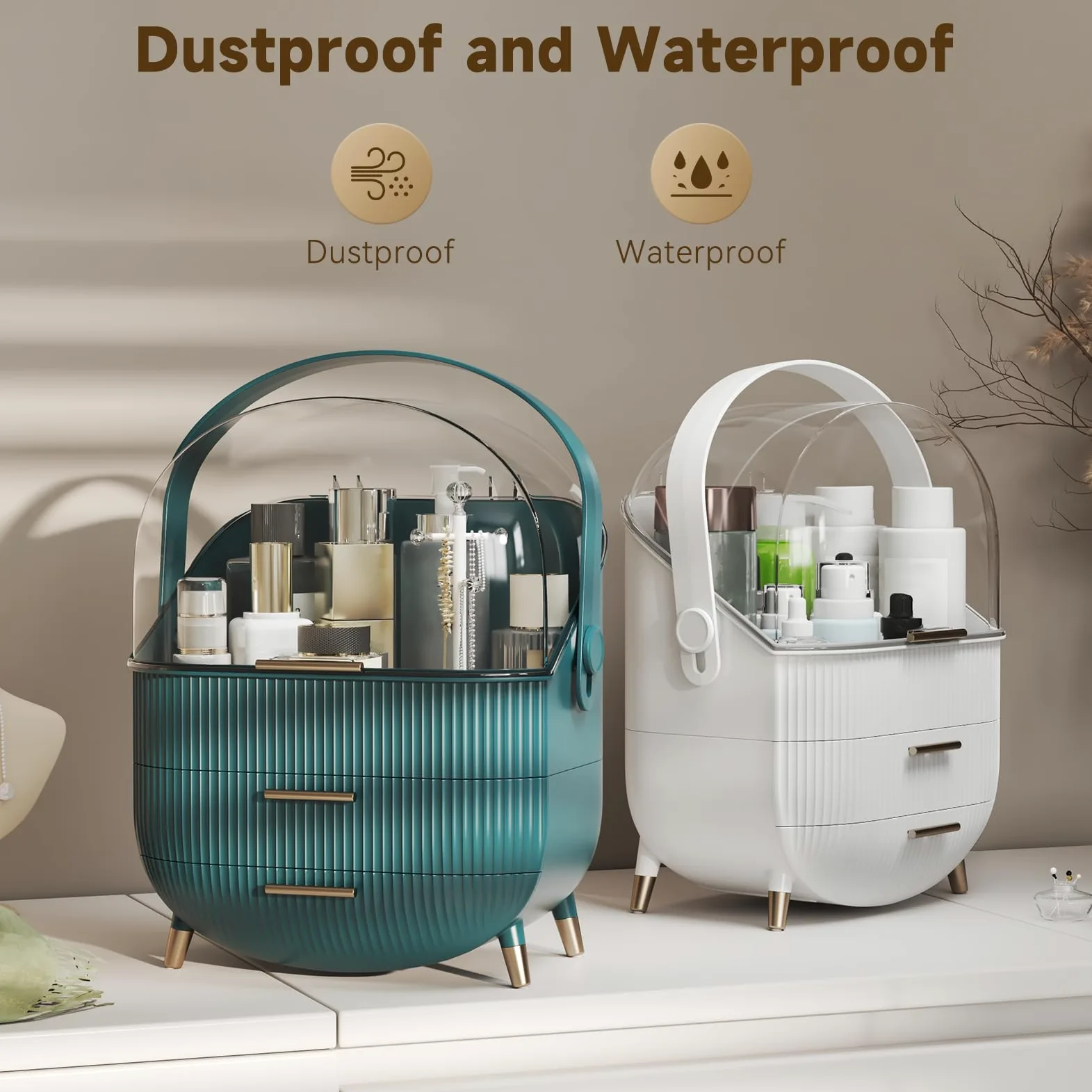 BTGGG Organizzatori per trucchi, organizer per trucchi da tavolo, con cassetti e copertura trasparente, per camera da letto e bagno (bianco)