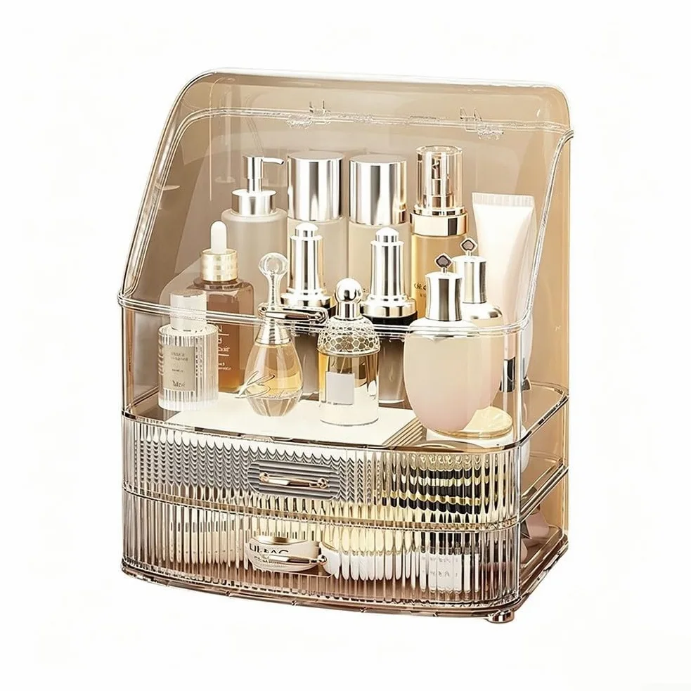 Organizer per trucchi con coperchio trasparente, scatola portaoggetti impermeabile e antipolvere, per piano di lavoro, cassetti per prodotti di bellezza (bianco trasparente)