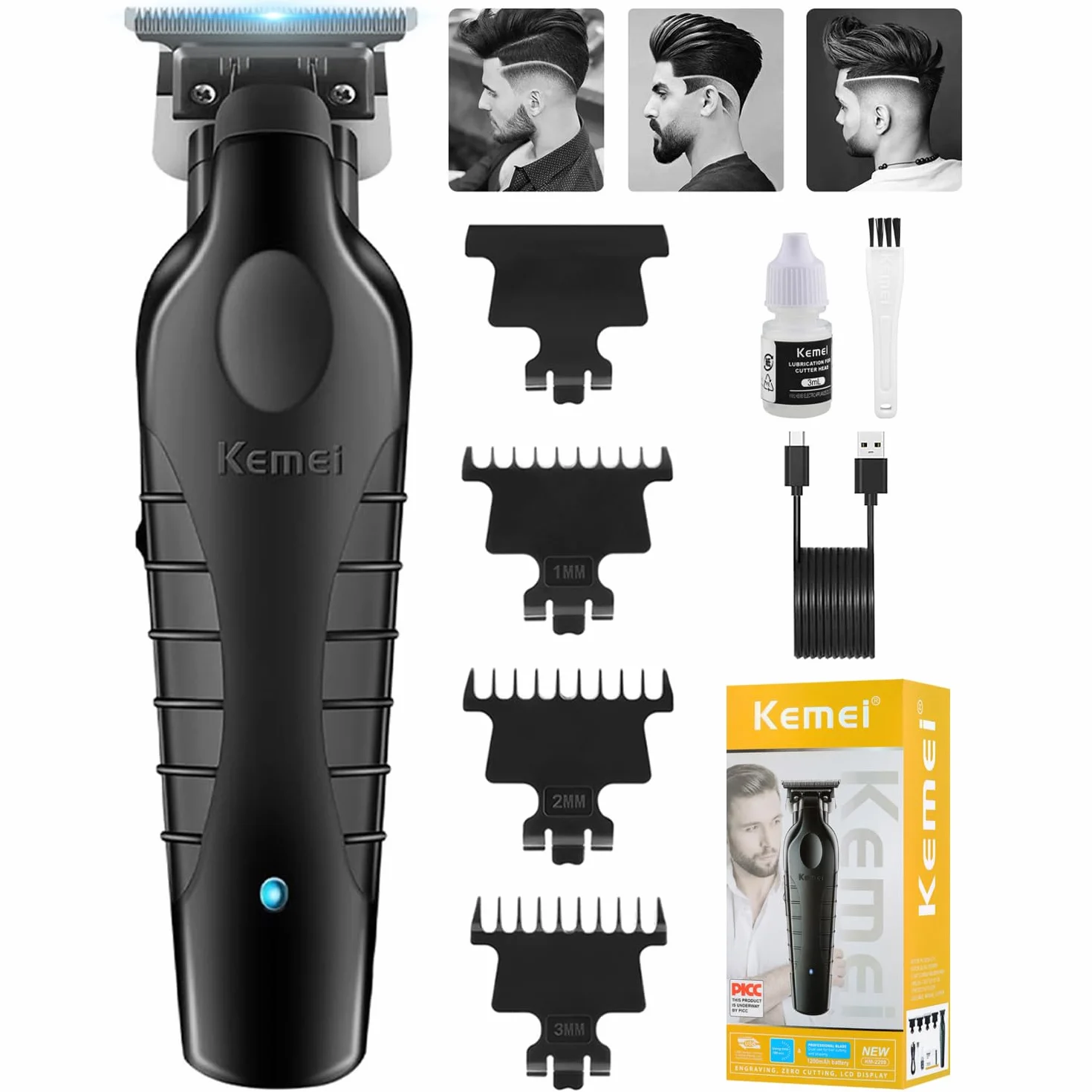 KEMEI 2299 Trimmer, Tagliacapelli Uomo Professionale, Macchinetta per Capelli Senza Fili, Regolabarba Regola Barba Elettrico Trimmer Capelli con 3 Pettini Guida