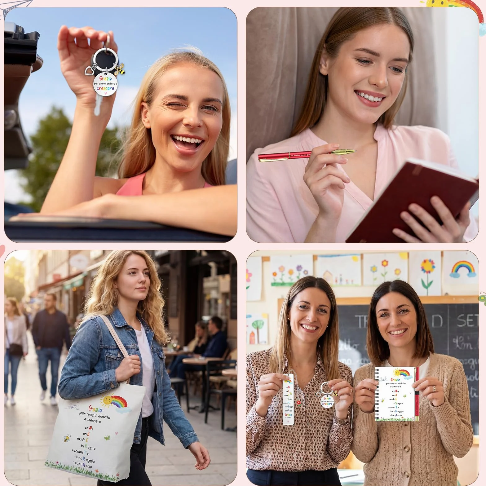 Hestya 5 Pezzi Regalo di Ringraziamento per Insegnante Include Borsa a Tracolla Blocco Note a Spiralato Portatile Portachiavi Segnalibri Penne a Sfera Regalo Maestre Fine Anno