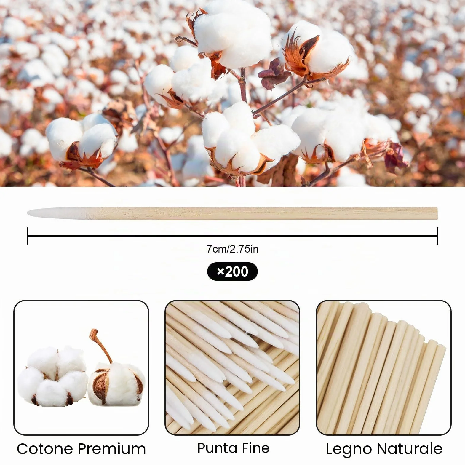200 tamponi di cotone a punta in legno, 7 cm, applicatori per tatuaggi, sopracciglia, bellezza, trucco, unghie (bambù)